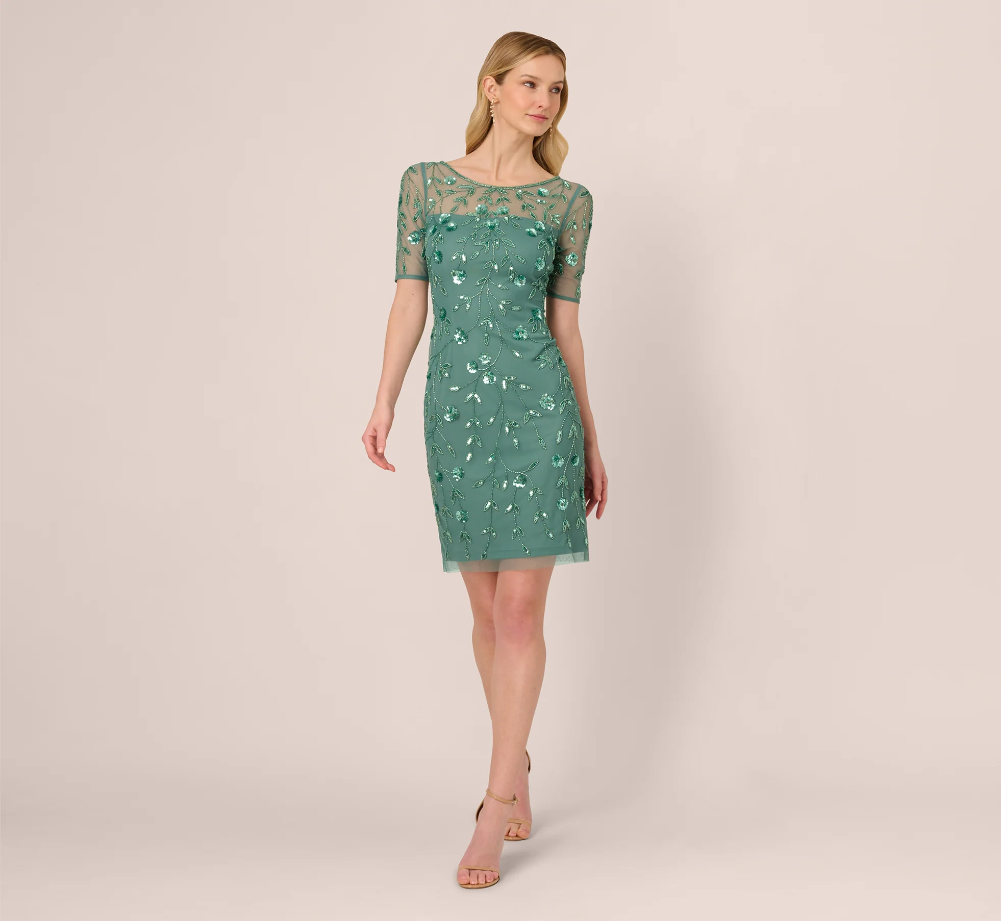 3D Floral Beaded Dress With Sheer Short Sleeves In Green Slate - Image 7