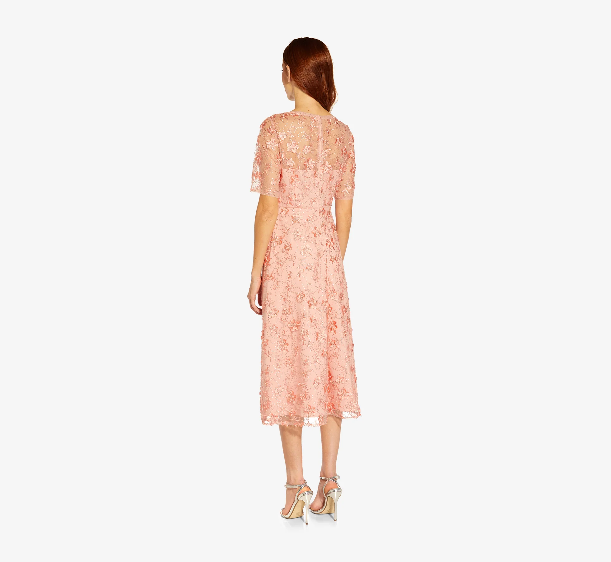 3D Floral Embroidered And Hand-Sequined Tea-Length Fit-And Flare Cocktail Dress In Peach Blossom - Image 4