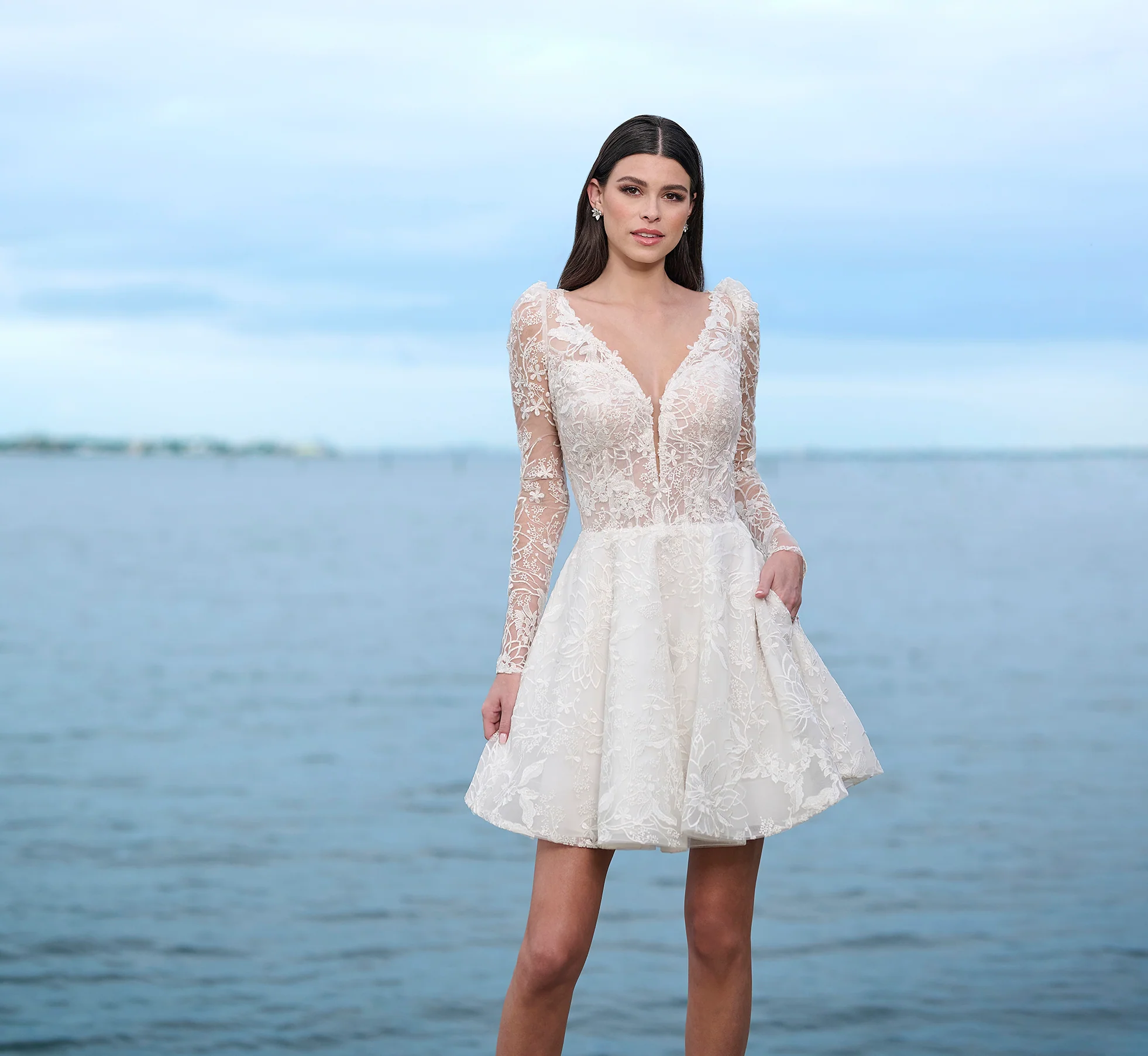 All Over Lace Short Skirt With Slight Puff Shoulders In Ivory Nude - Image 2