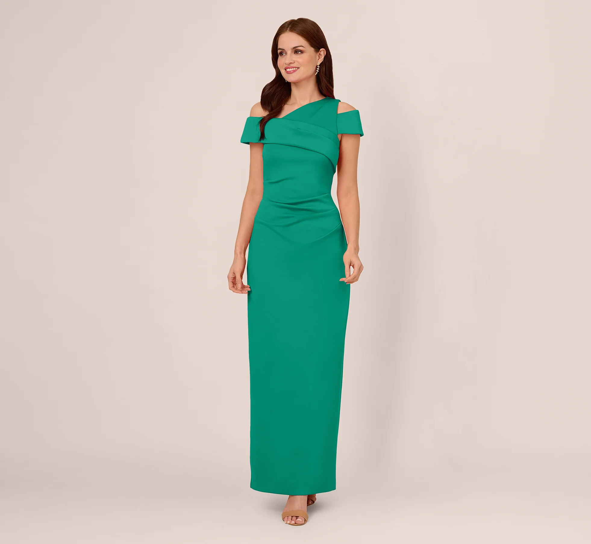 Asymmetrical Draped Column Gown In Emerald - Image 2
