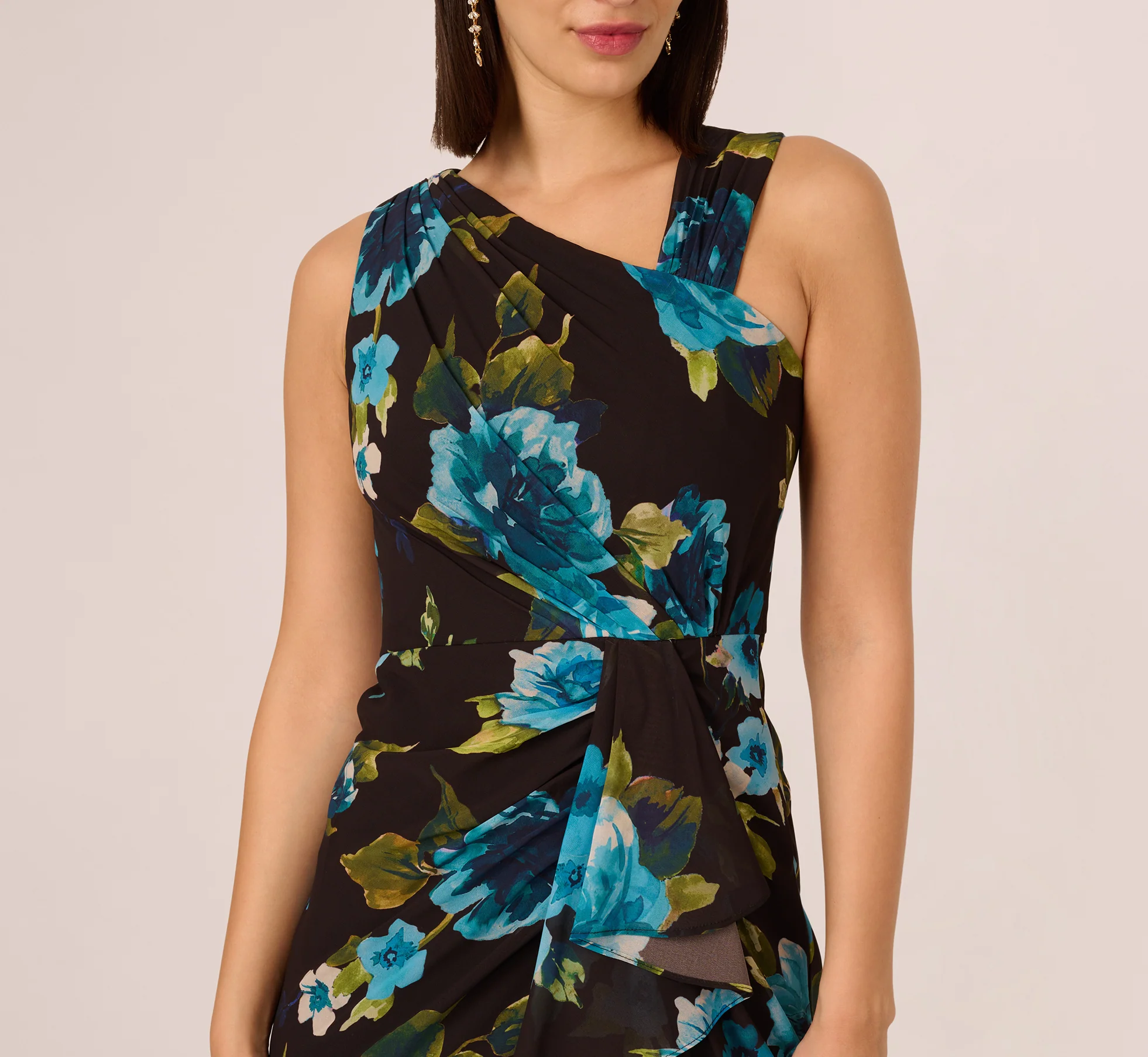 Asymmetrical Draped Floral Chiffon Gown In Black Multi - Image 3