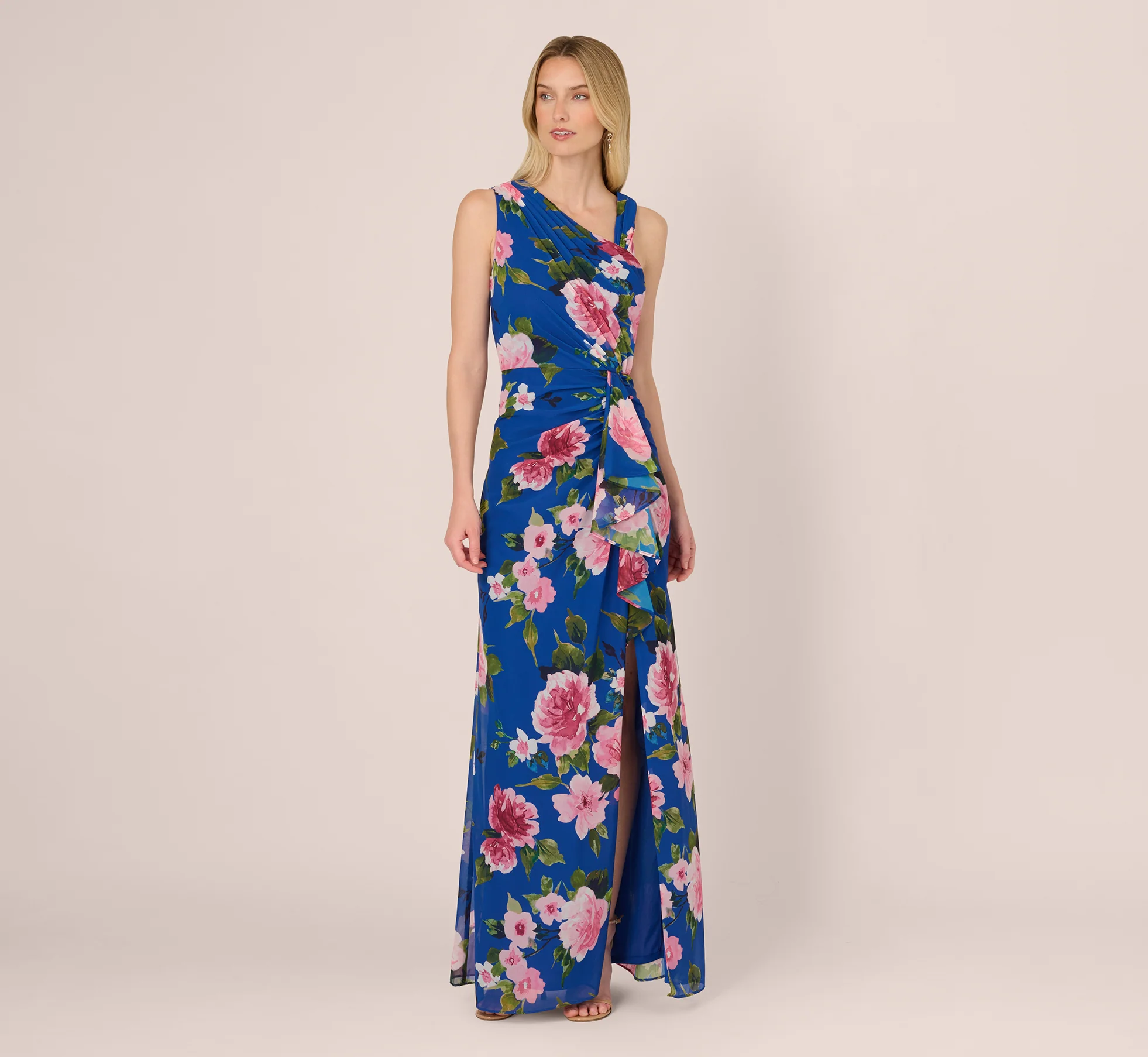 Asymmetrical Draped Floral Chiffon Gown In Dark Blue Multi - Image 2