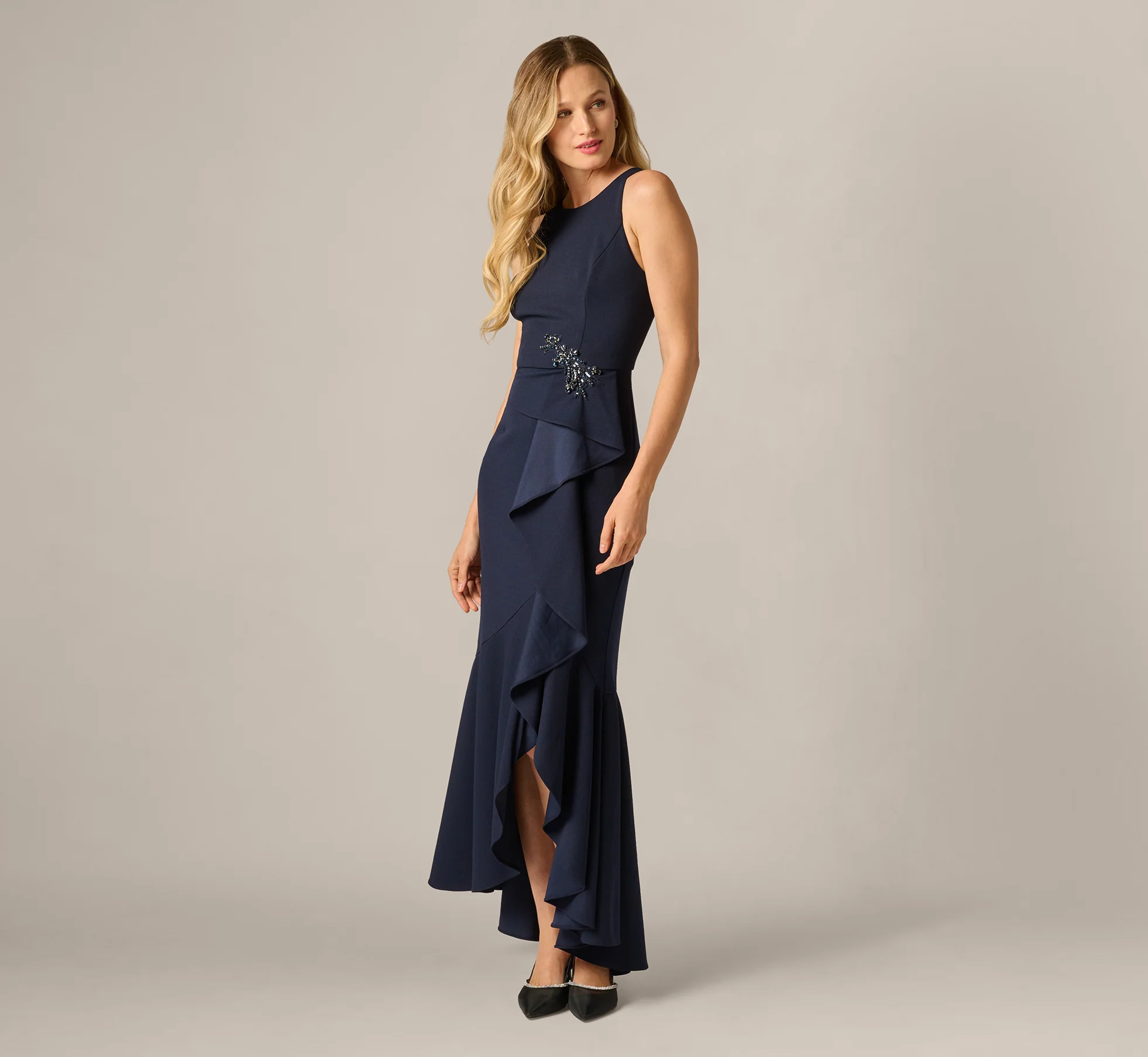 Bead Accent Crepe Halter Gown In Midnight - Image 2