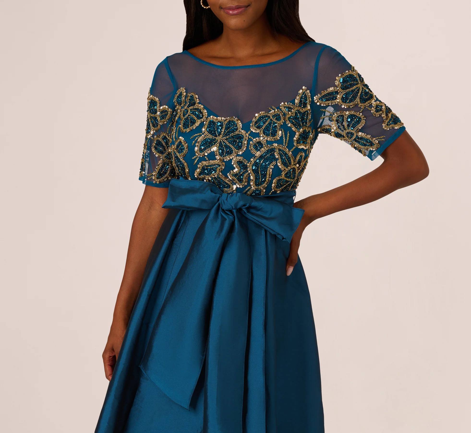 Bead Taffeta High Low Long Dress In Teal Sapphire Gold - Image 3