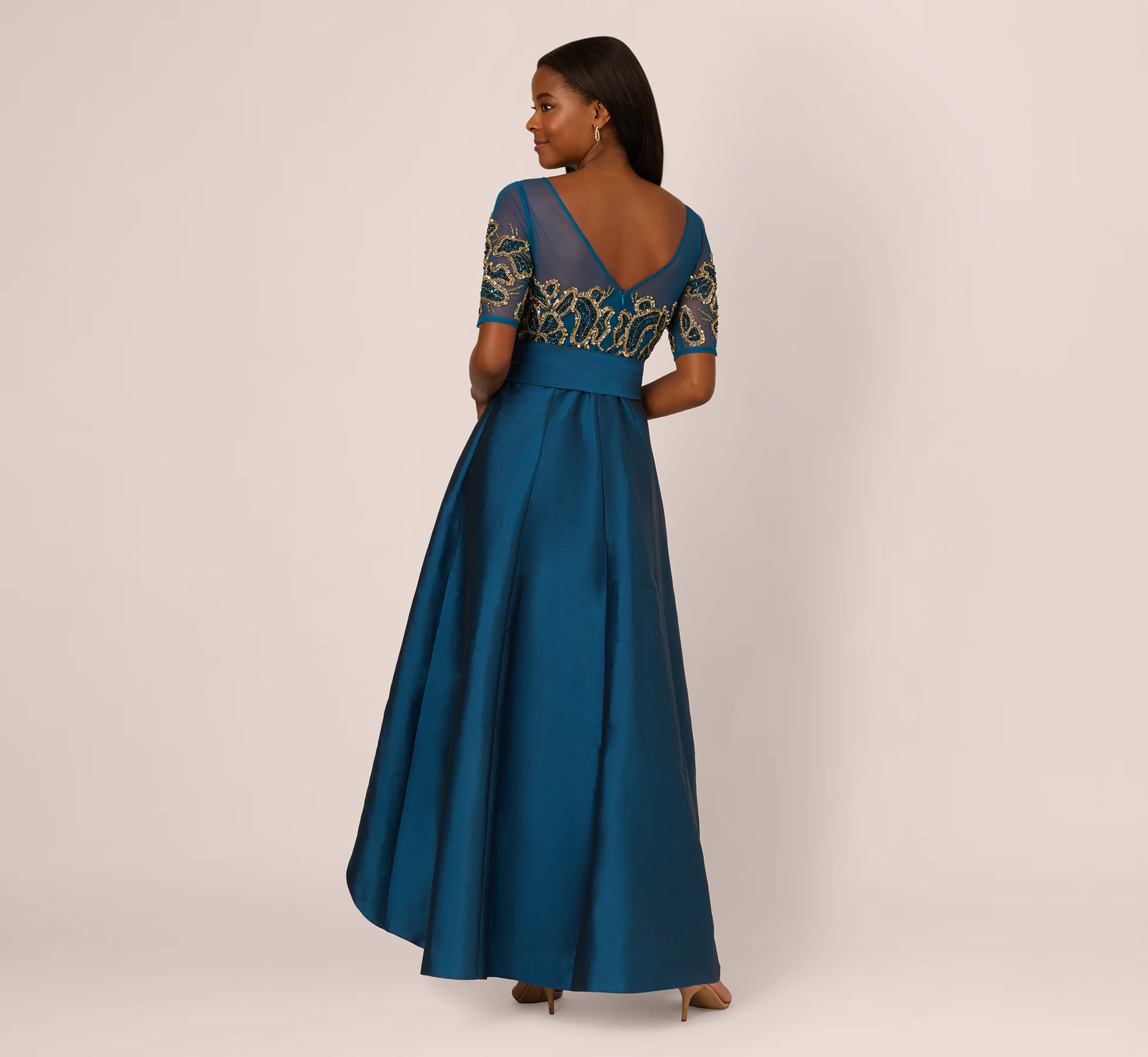Bead Taffeta High Low Long Dress In Teal Sapphire Gold - Image 5