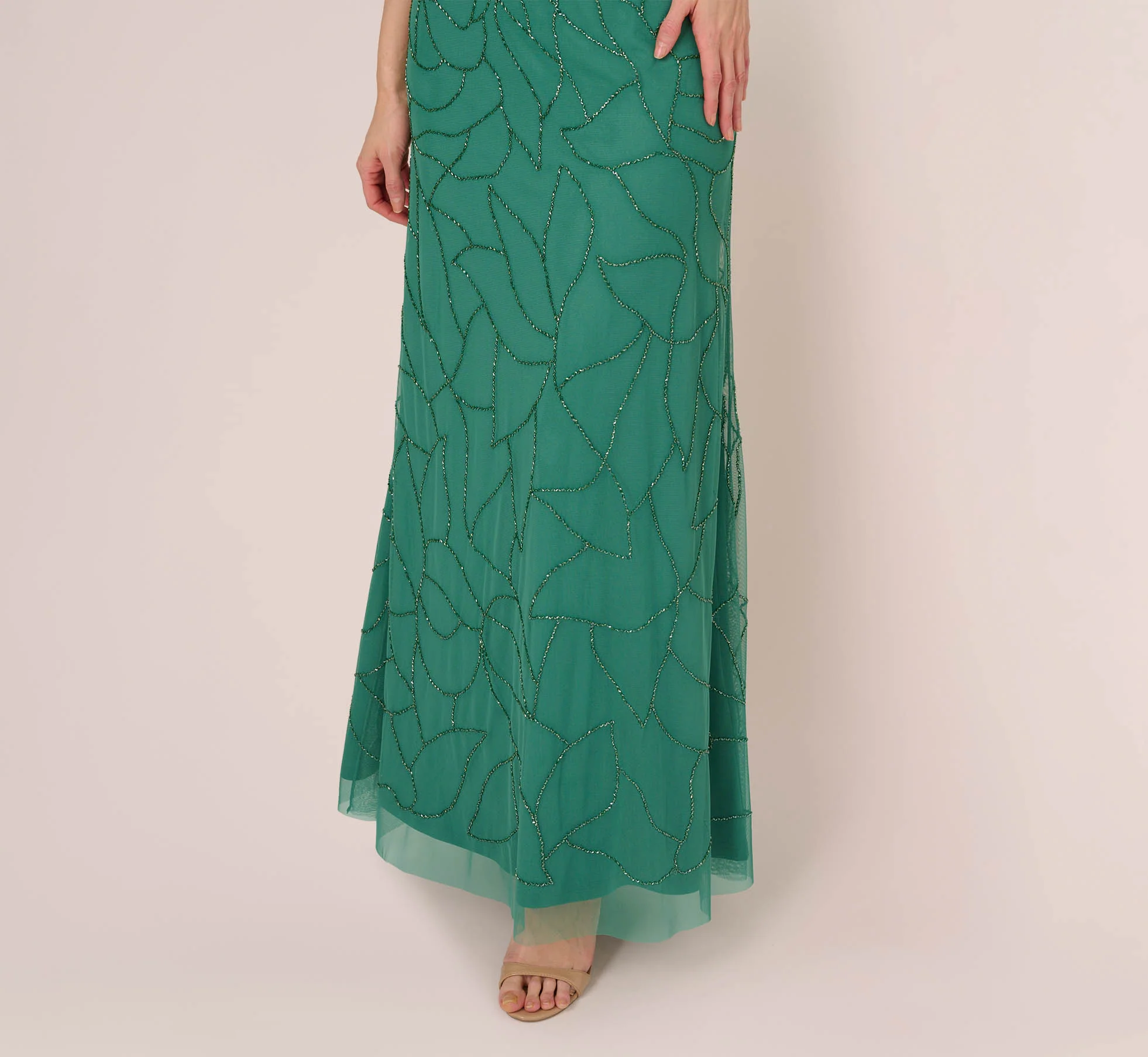 Beaded Blouson Mermaid Gown With Sheer Dolman Sleeves In Jungle Green - Image 3