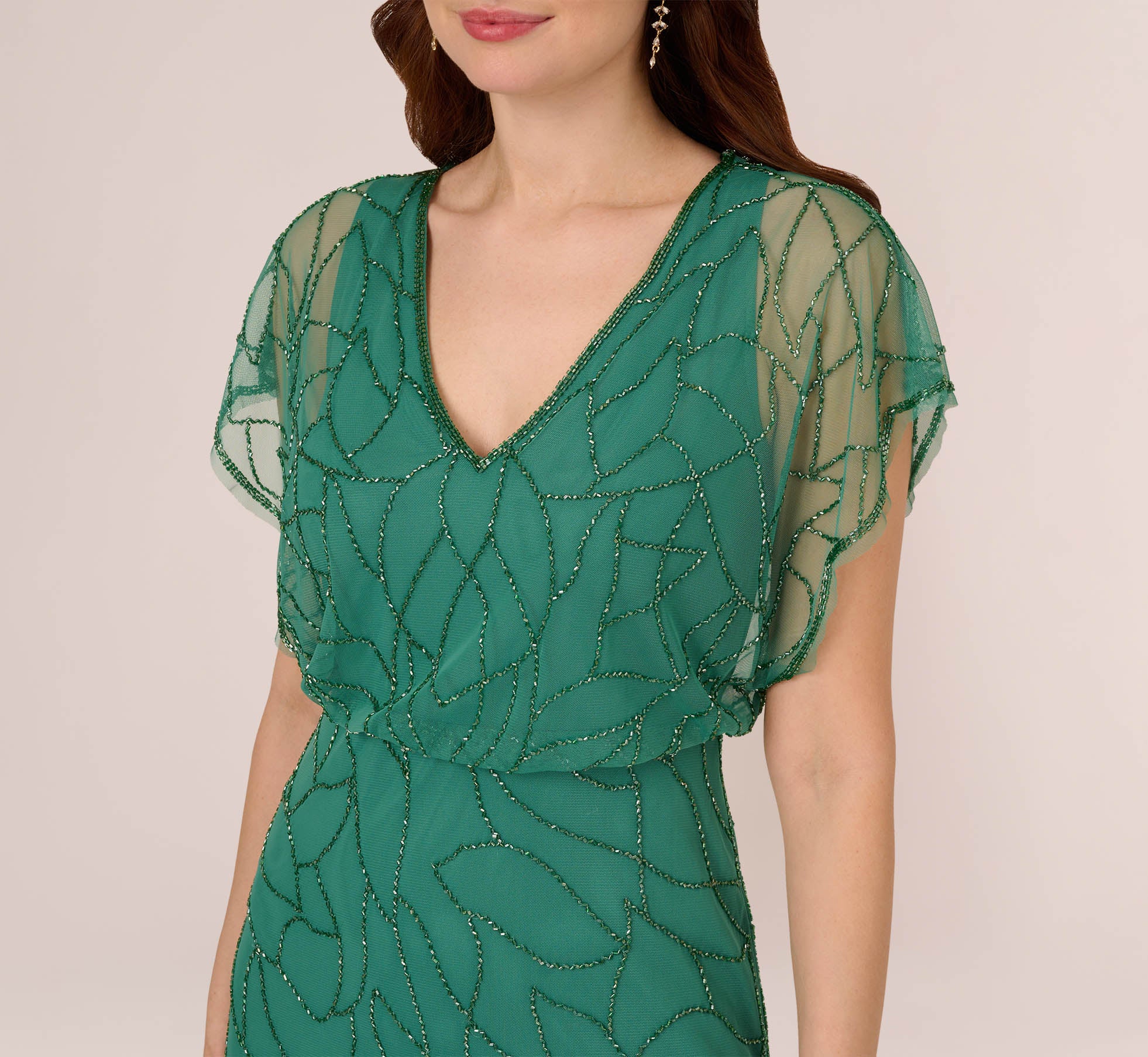 Beaded Blouson Mermaid Gown With Sheer Dolman Sleeves In Jungle Green - Image 4