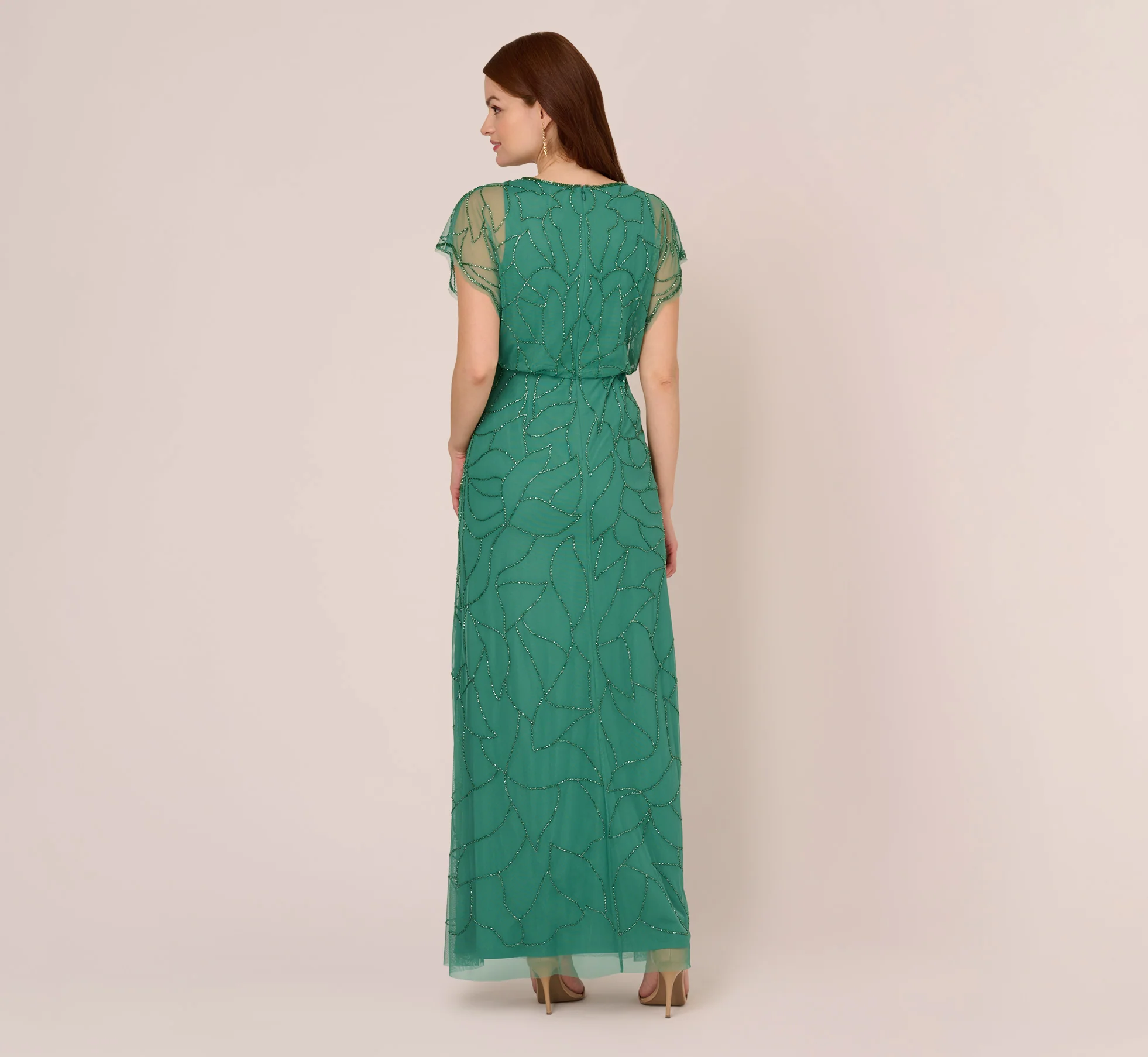 Beaded Blouson Mermaid Gown With Sheer Dolman Sleeves In Jungle Green - Image 5