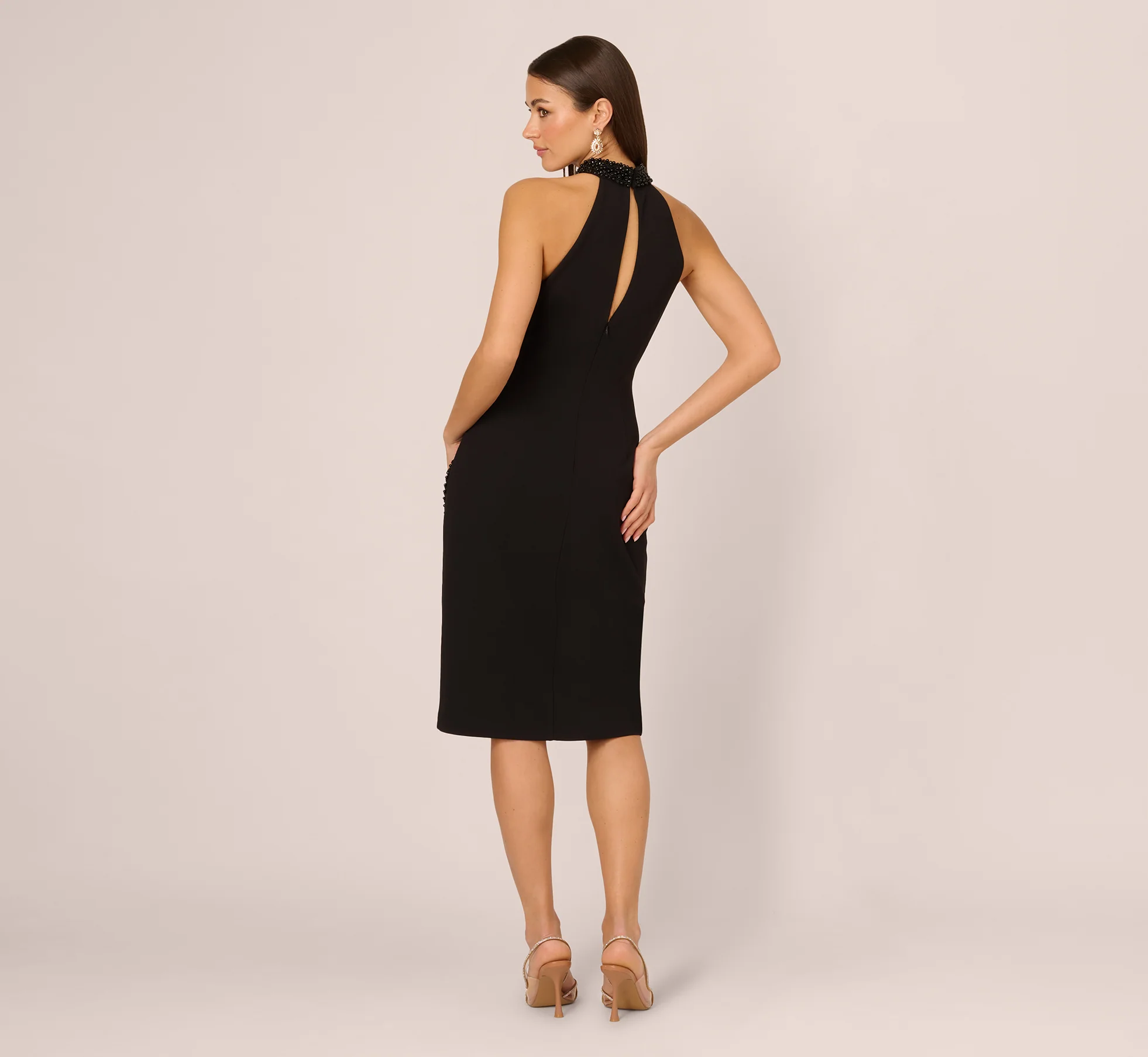 Beaded Detail Halter Midi Sheath Dress In Black - Image 5