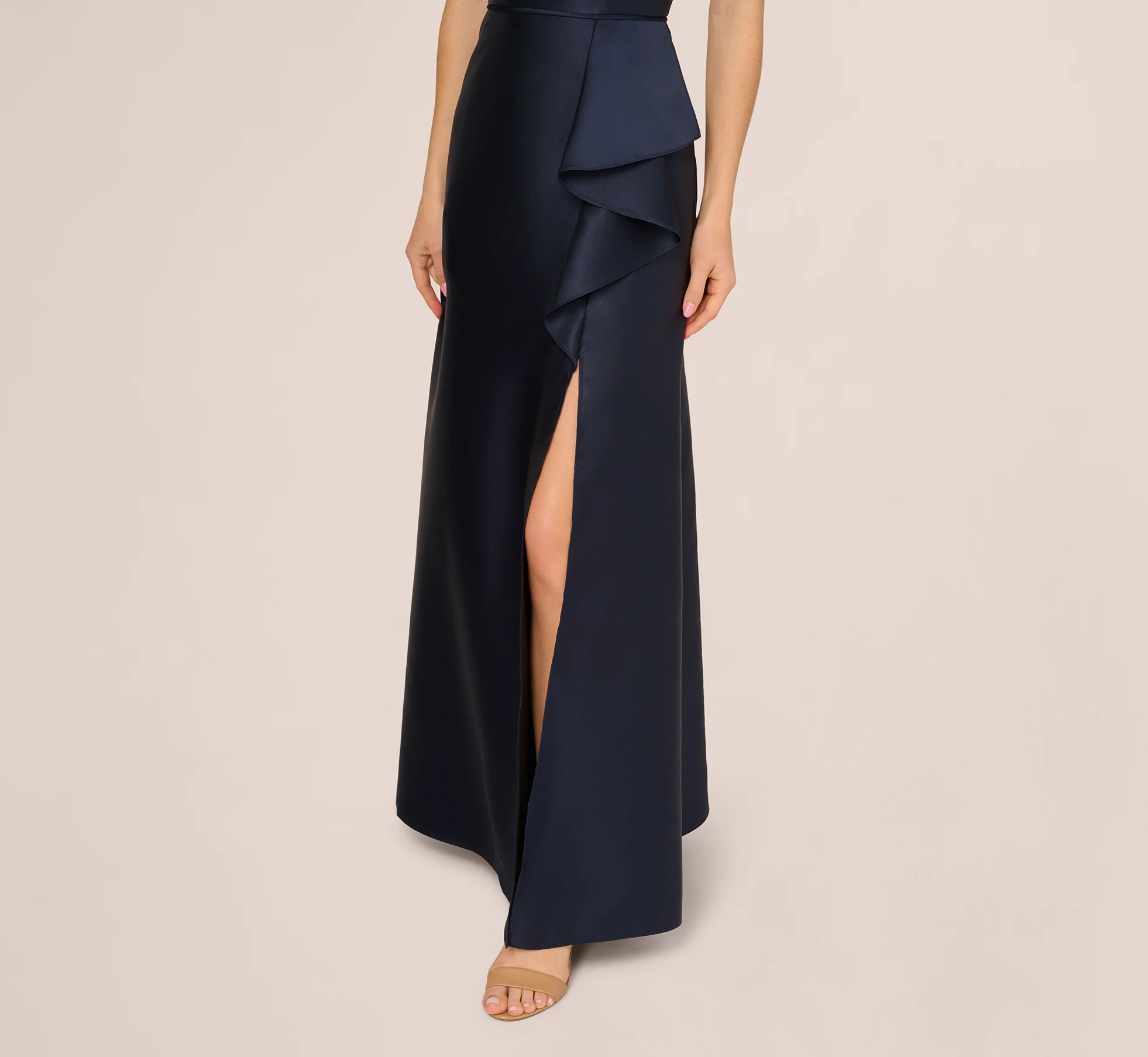 Beaded Halter Draped Mikado Gown In Midnight - Image 3