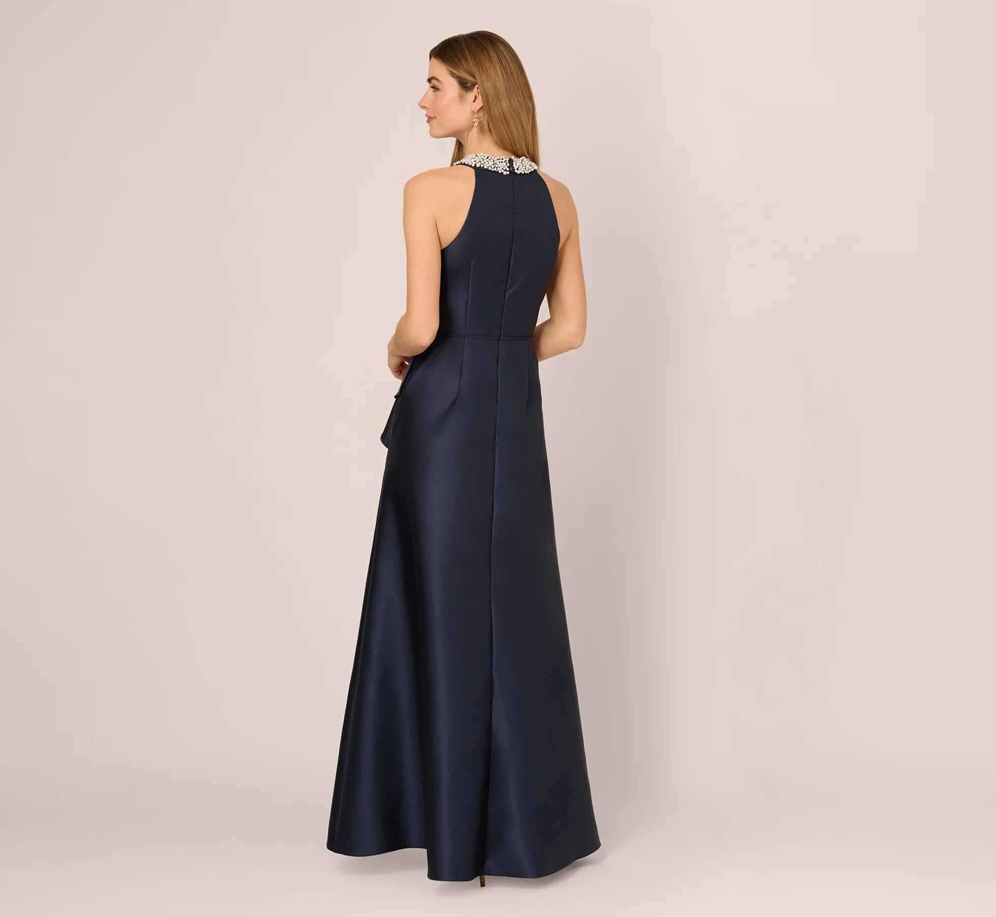 Beaded Halter Draped Mikado Gown In Midnight - Image 5