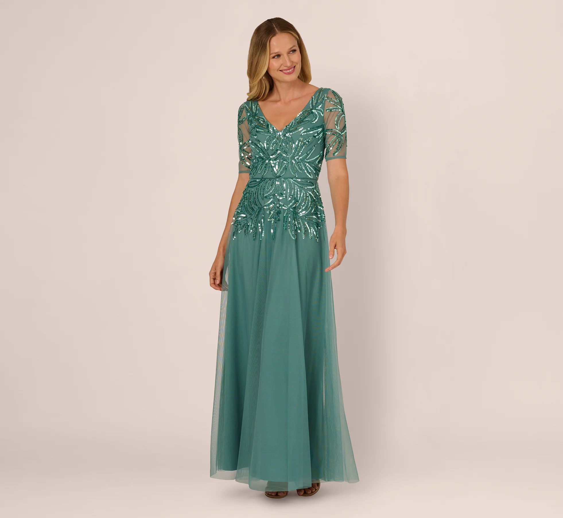Beaded Mesh Long Dress In Green Slate - Image 2