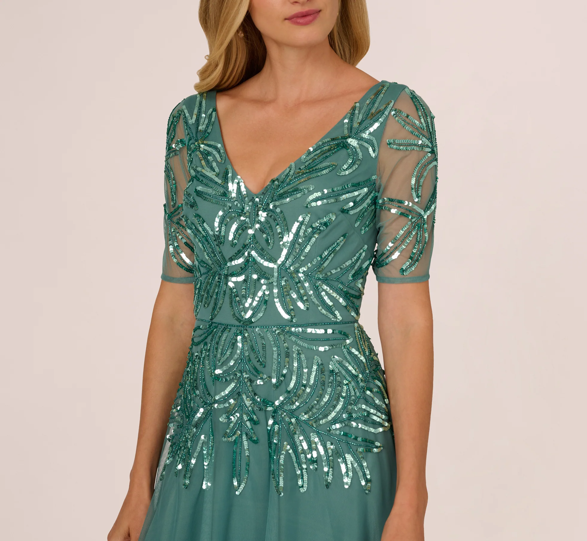 Beaded Mesh Long Dress In Green Slate - Image 3