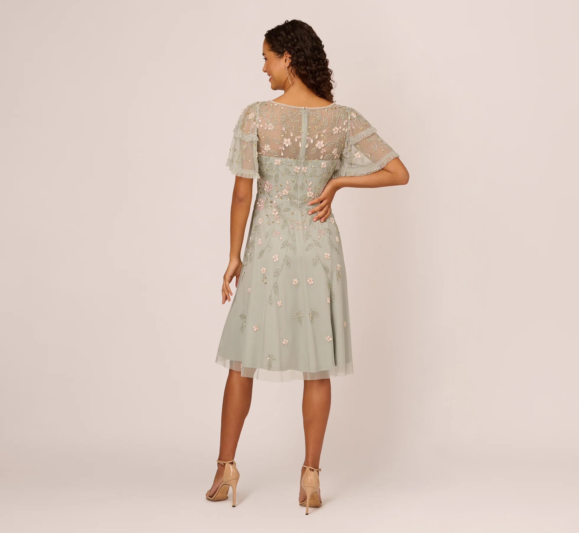 Beaded Midi Dress With Sheer Ruffled Sleeves In Frosted Sage - Image 5