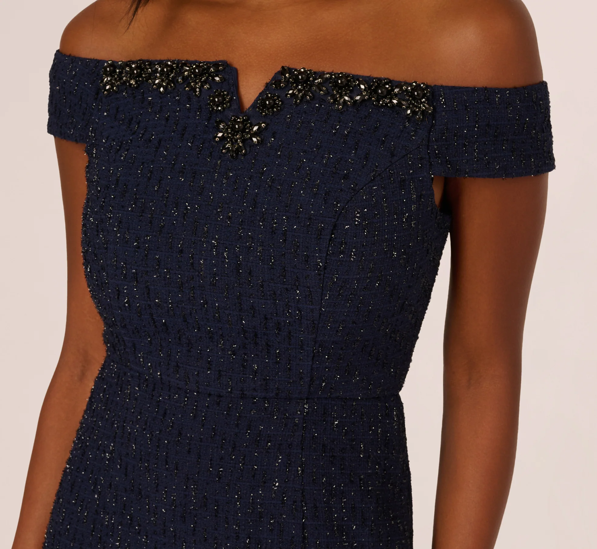 Beaded Off Shoulder Glitter Tweed Gown In Navy - Image 3
