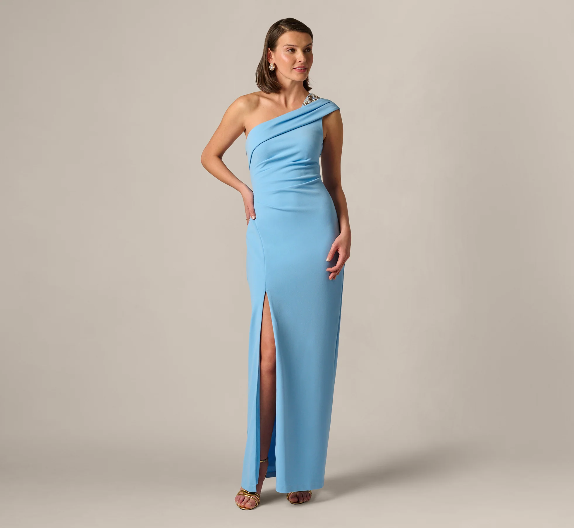 Beaded One Shoulder Stretch Column Gown In Waterfall - Image 3
