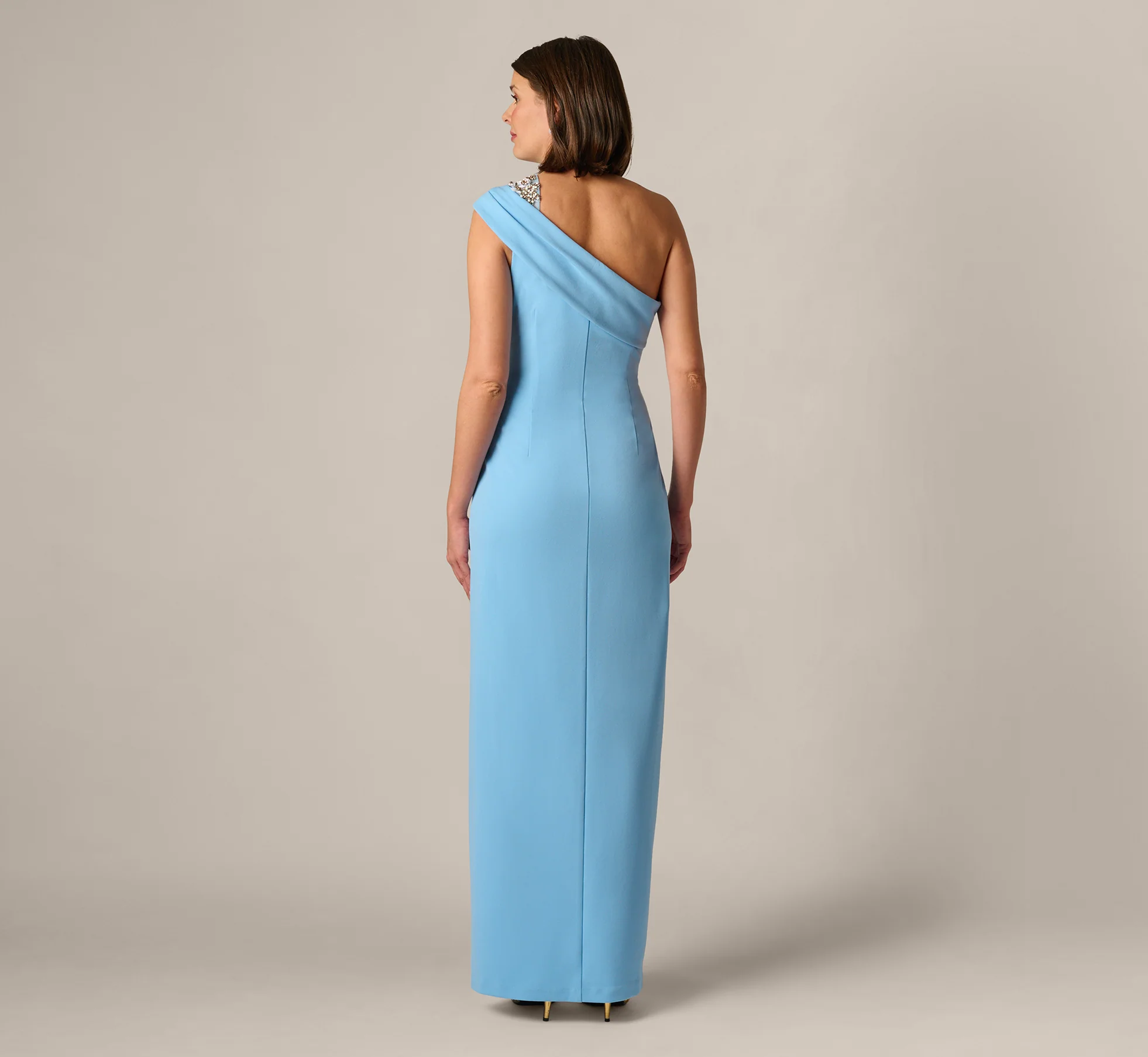 Beaded One Shoulder Stretch Column Gown In Waterfall - Image 6