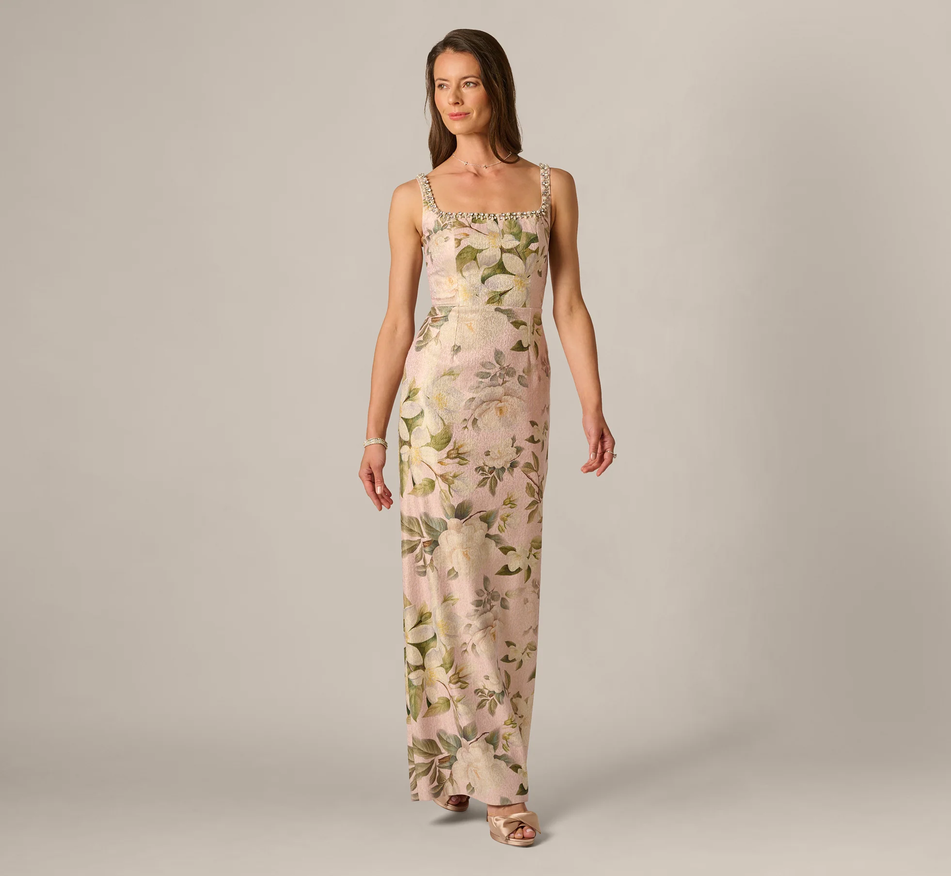 Beaded Square Neck Floral Jacquard Gown In Blush Multi - Image 3