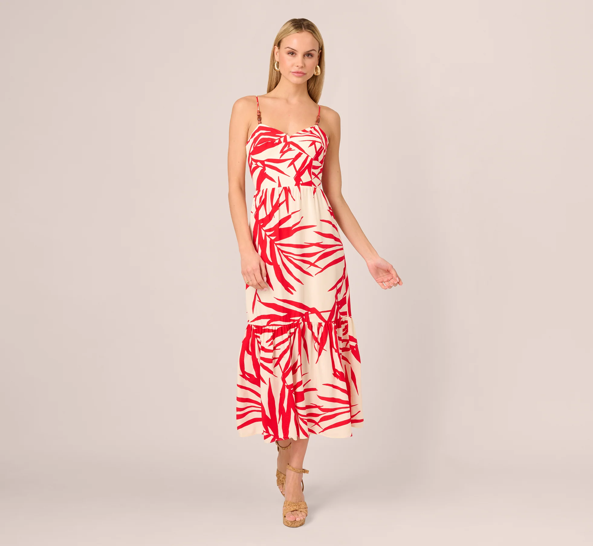Beaded Strap Palm Leaf Flounce Sundress In Red Ivory - Image 3