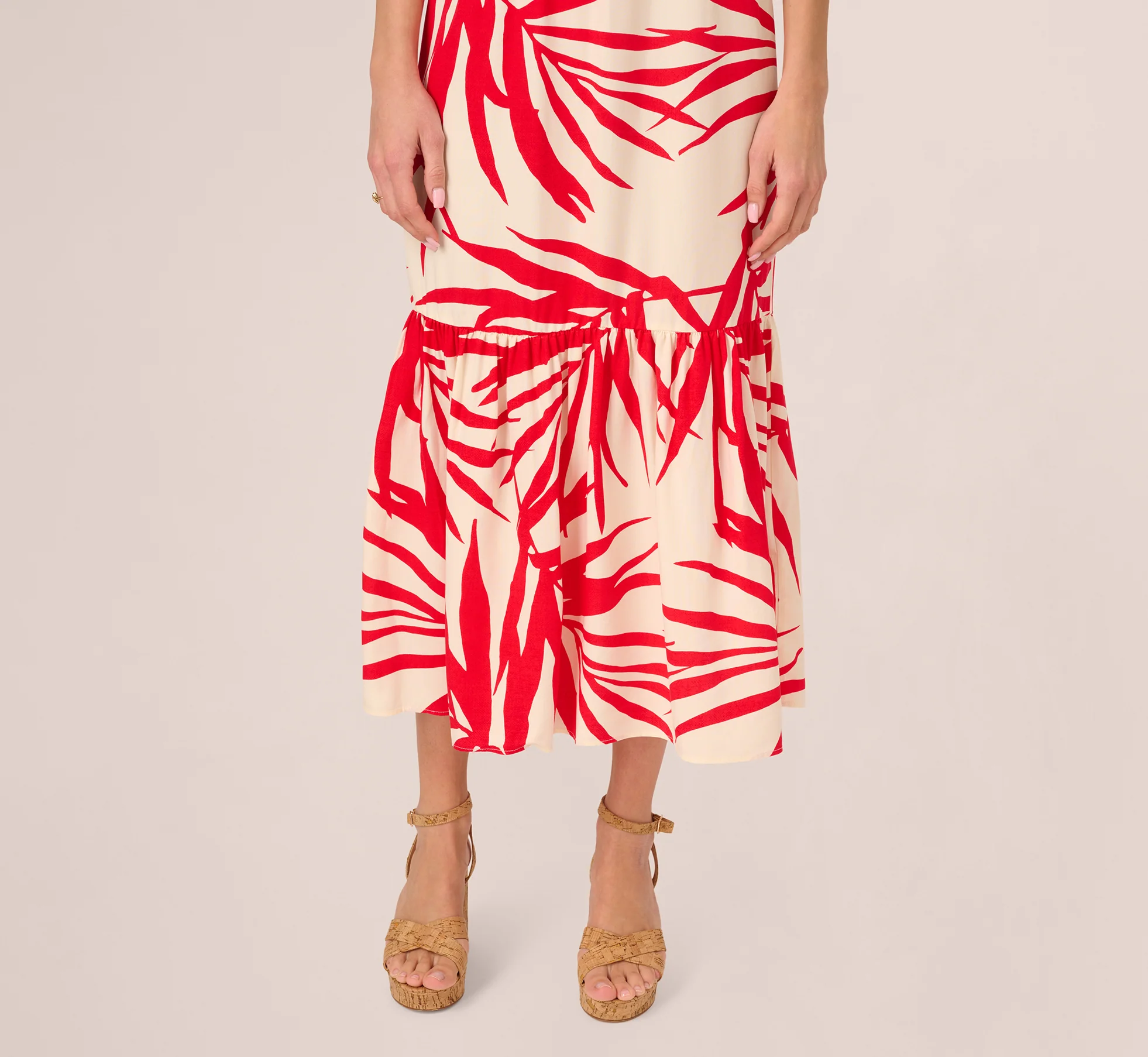Beaded Strap Palm Leaf Flounce Sundress In Red Ivory - Image 5