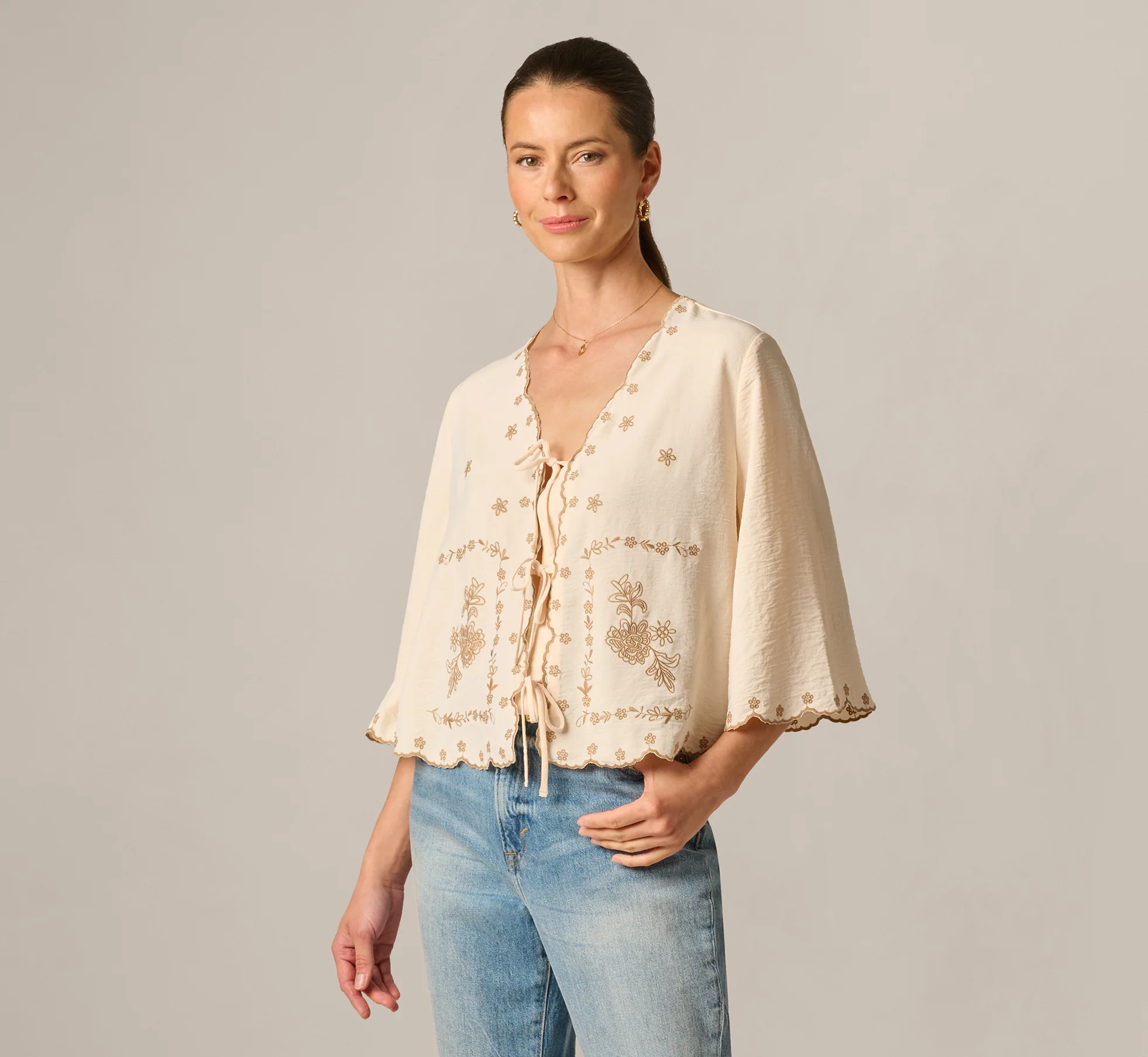 Bell Sleeve Embroidery Scalloped Tie Front Top In Peach Vanilla Brown - Image 3