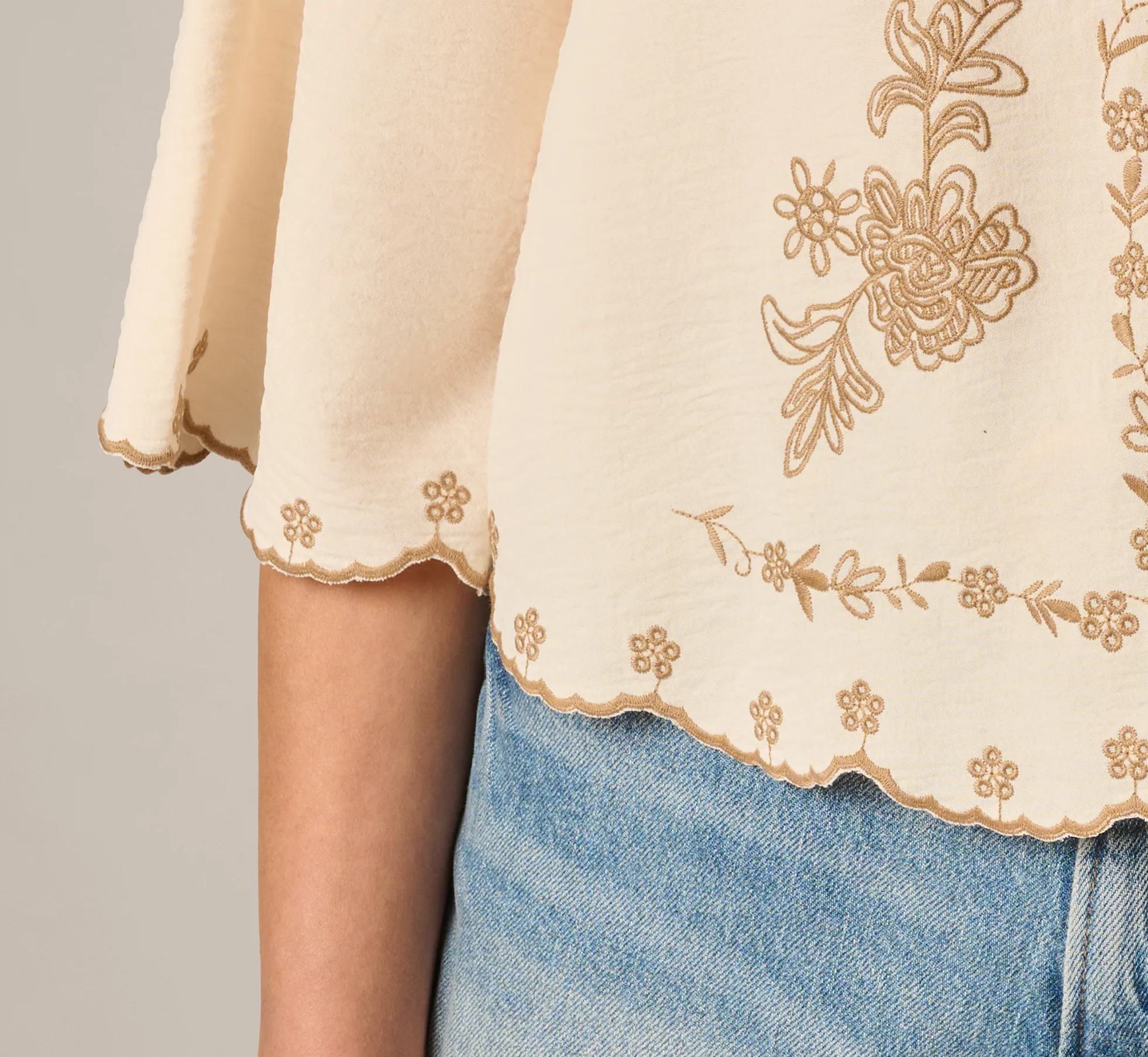 Bell Sleeve Embroidery Scalloped Tie Front Top In Peach Vanilla Brown - Image 4