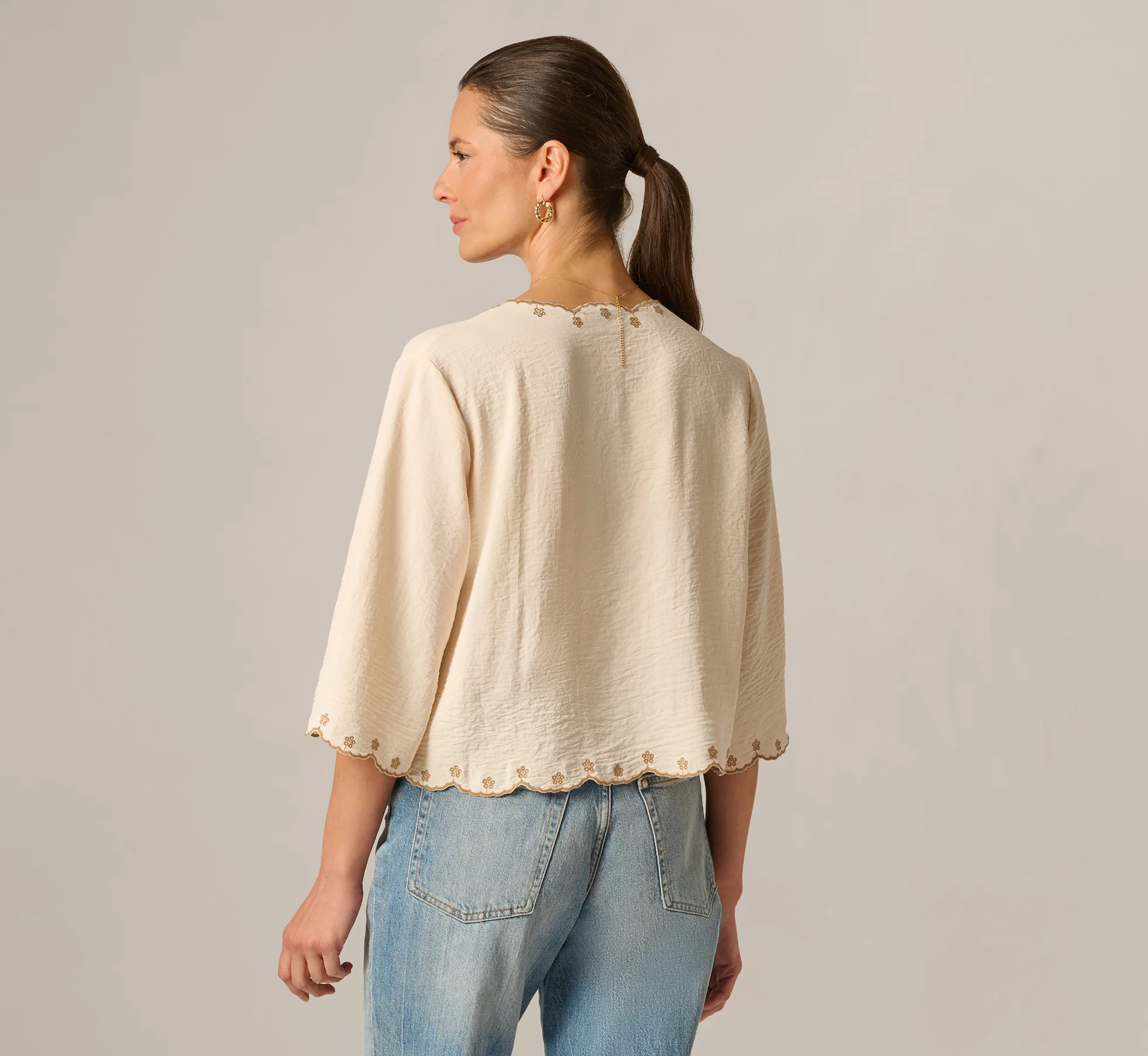 Bell Sleeve Embroidery Scalloped Tie Front Top In Peach Vanilla Brown - Image 6