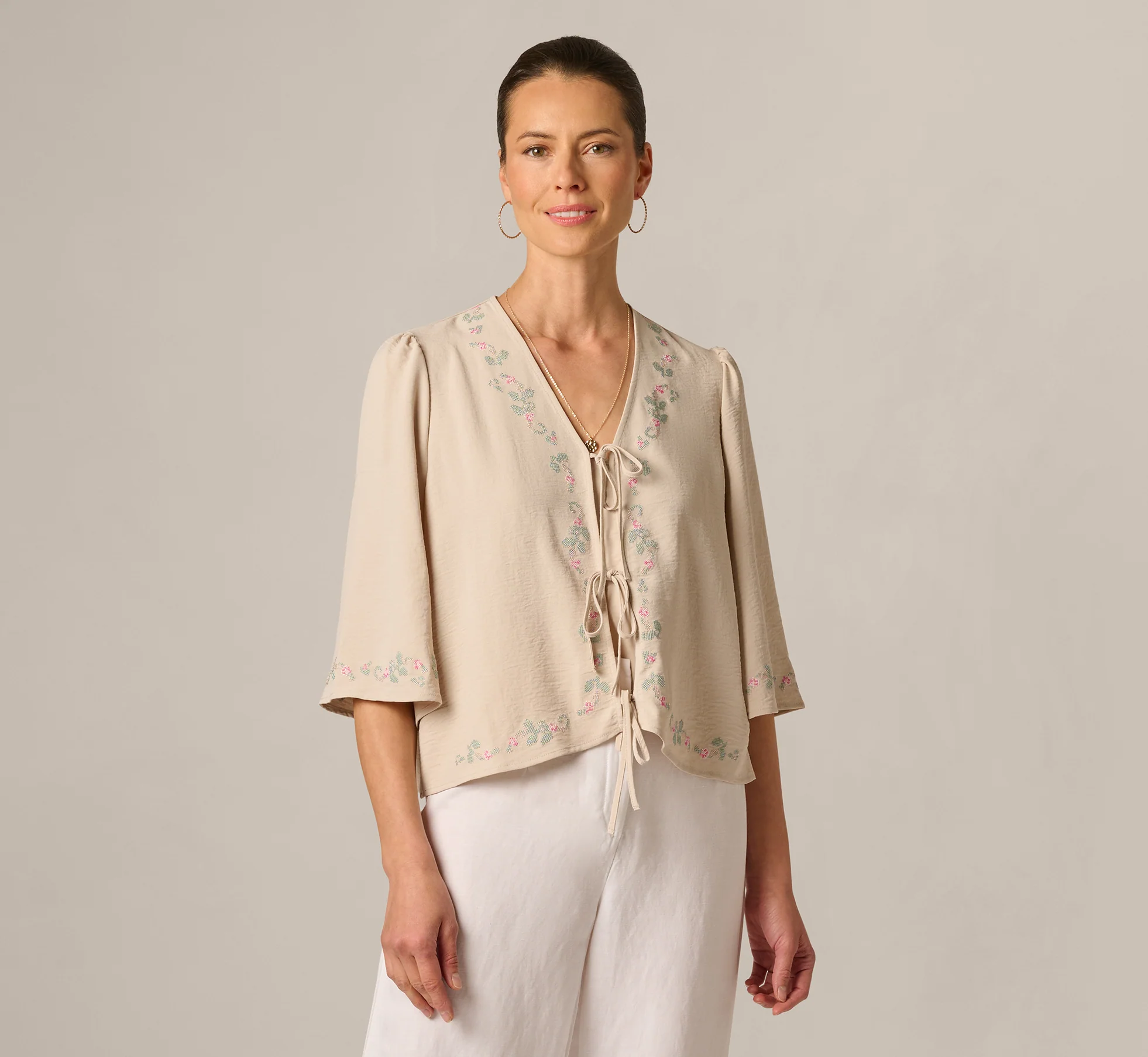 Bell Sleeve Floral Embroidered Tie Front Top In Pebble - Image 3