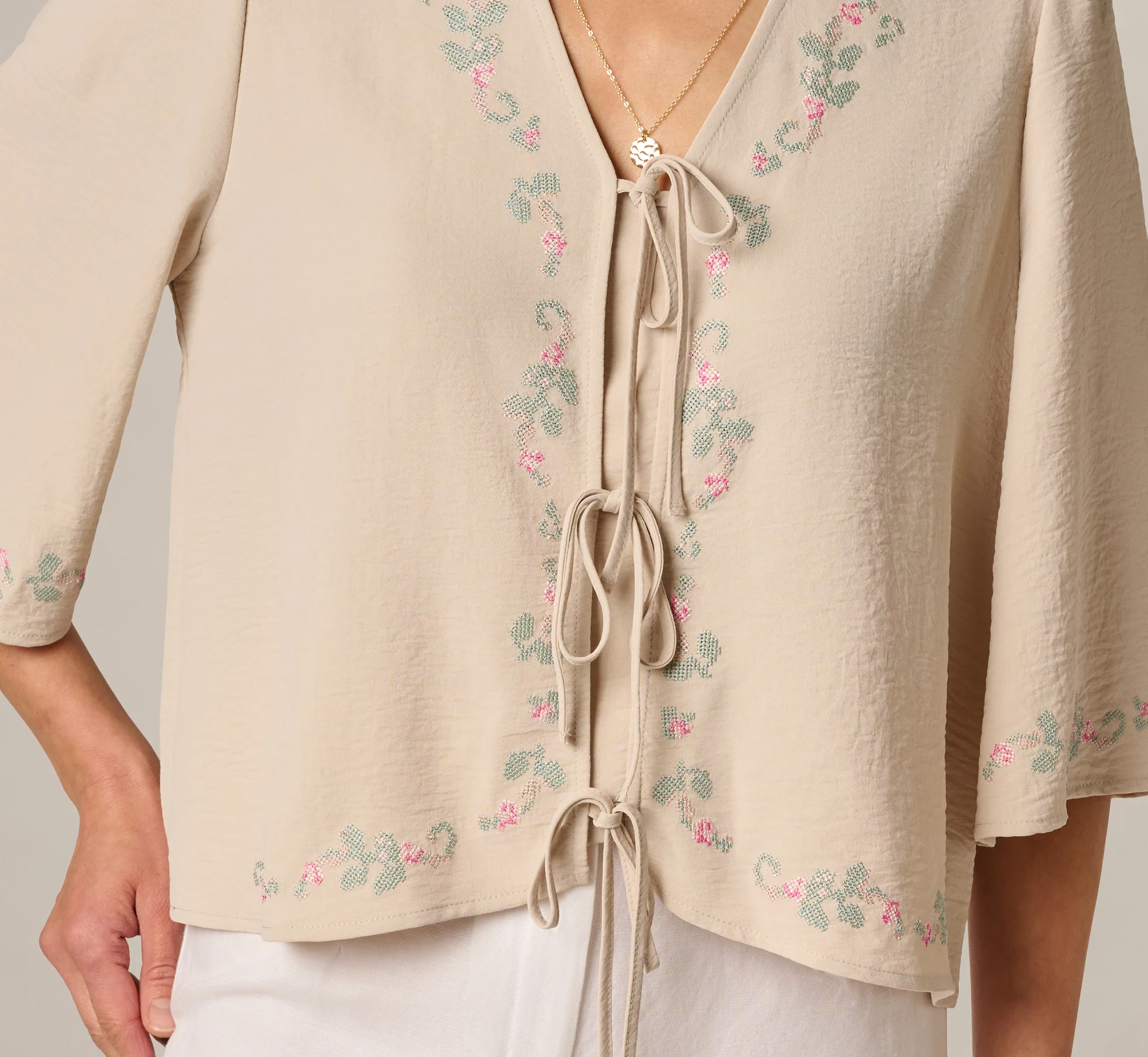 Bell Sleeve Floral Embroidered Tie Front Top In Pebble - Image 4