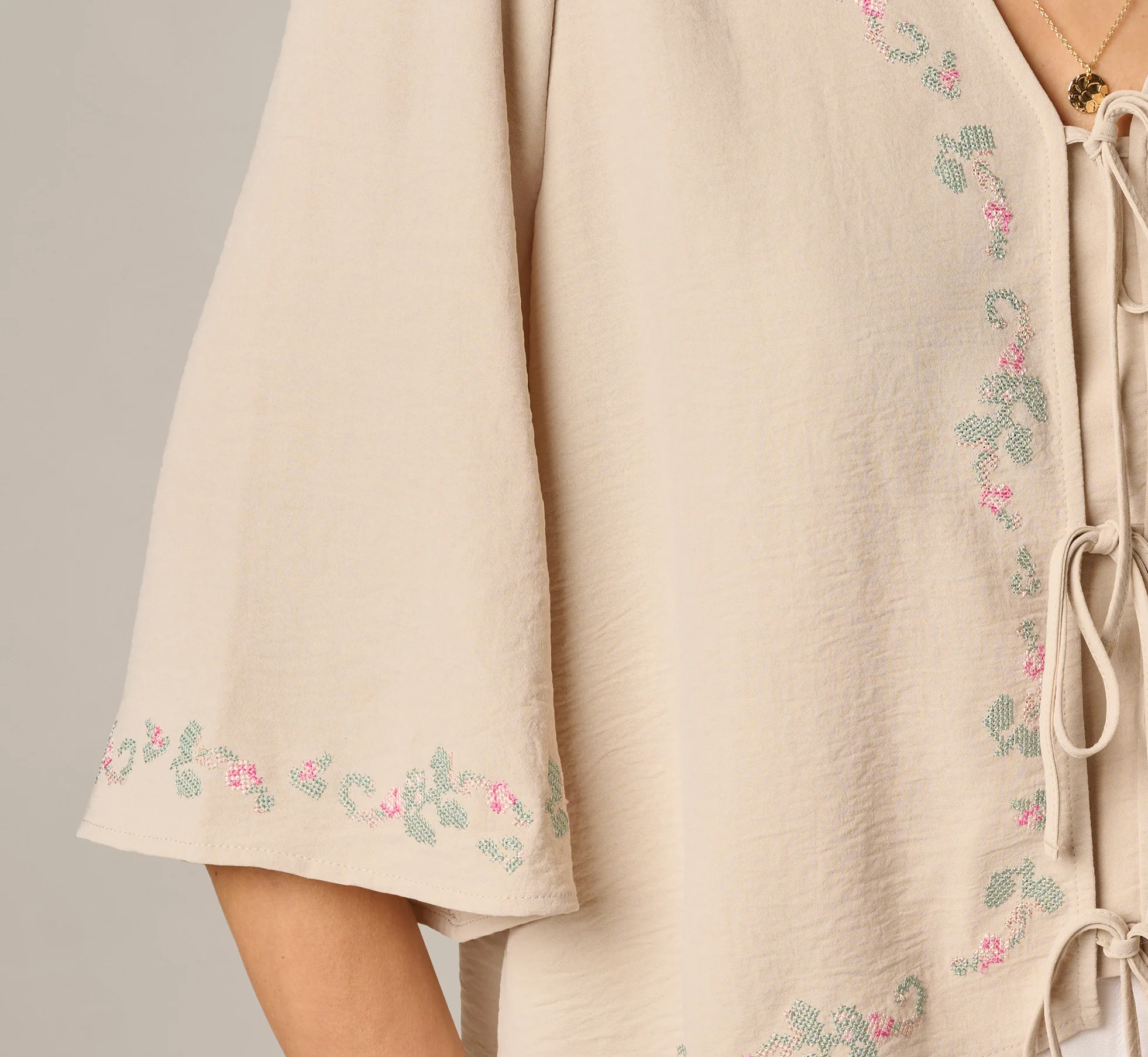 Bell Sleeve Floral Embroidered Tie Front Top In Pebble - Image 5