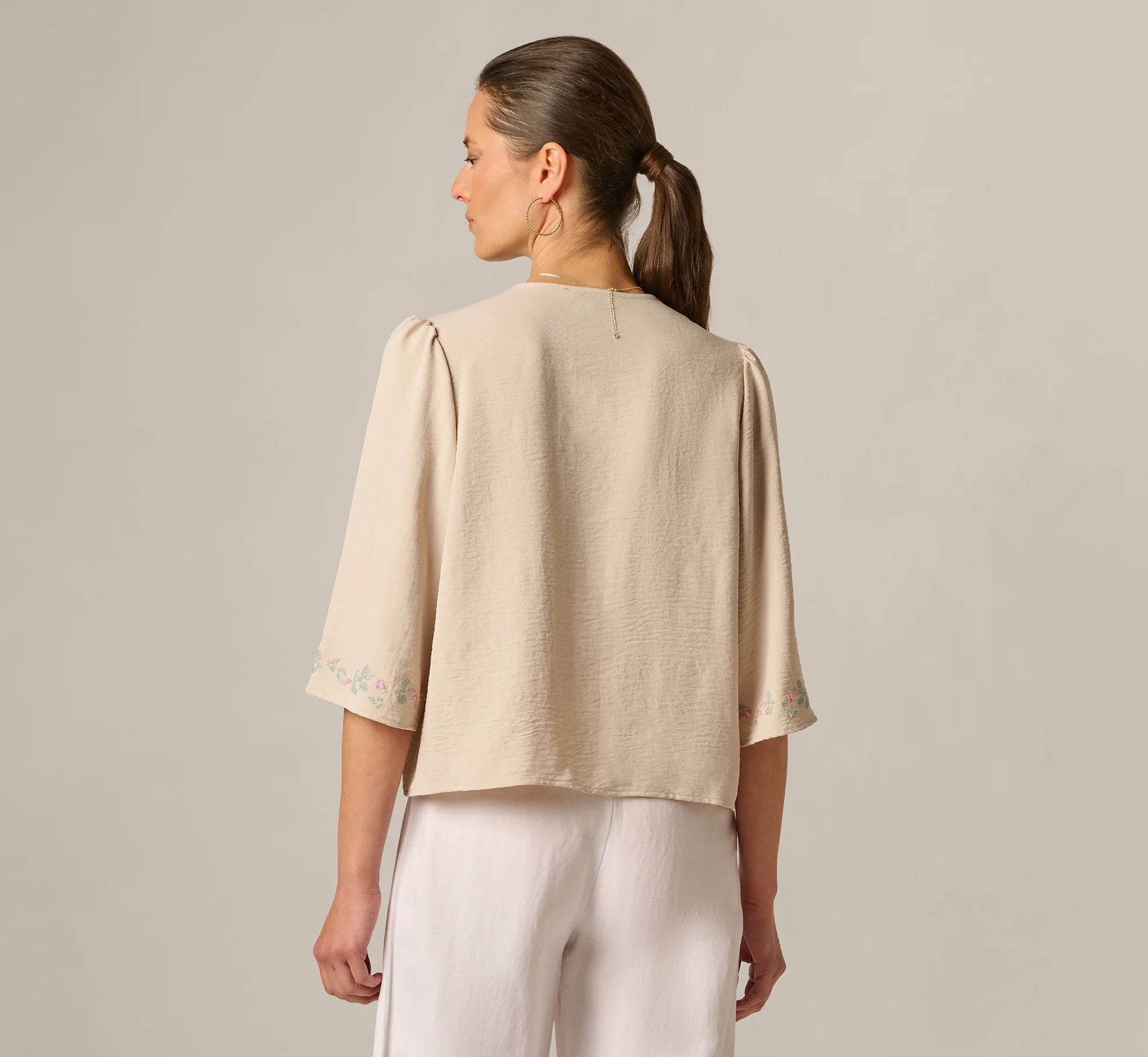 Bell Sleeve Floral Embroidered Tie Front Top In Pebble - Image 6