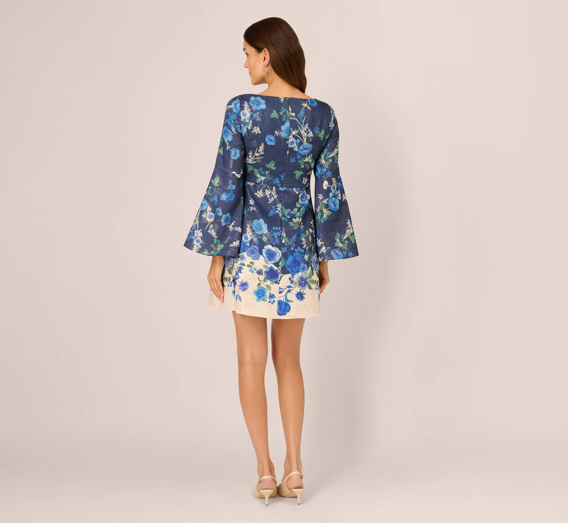 Bell Sleeve Floral Short Sheath Dress In Navy Multi - Image 6