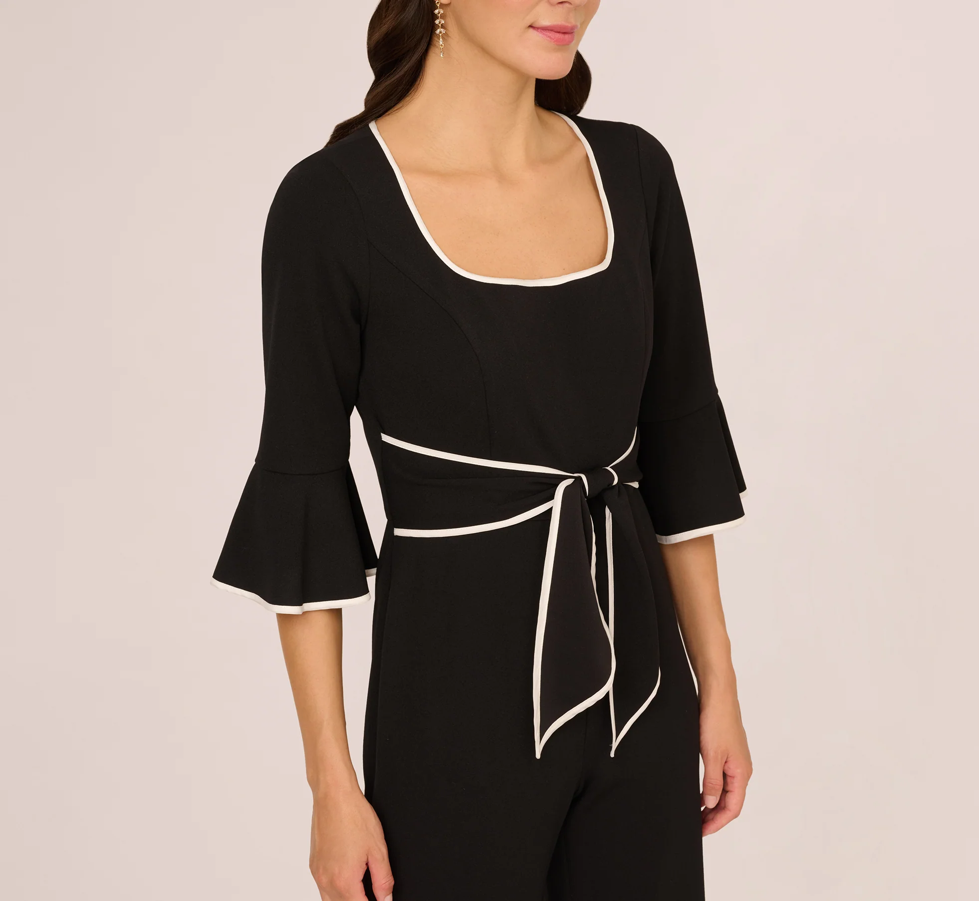 Bell Sleeve Tie Front Contrast Tipped Jumpsuit In Black Ivory - Image 4