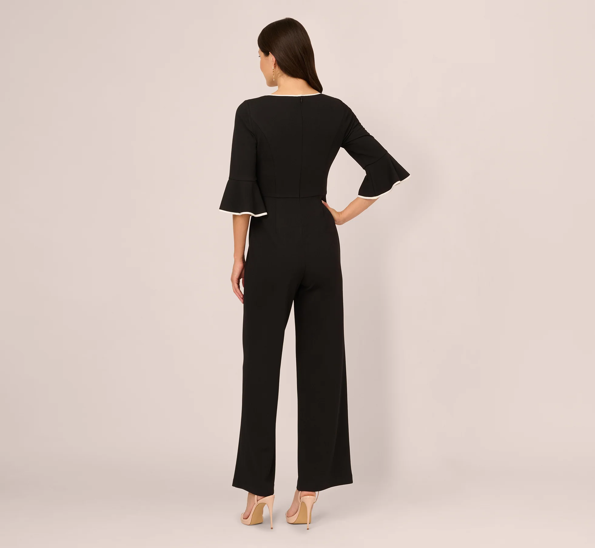 Bell Sleeve Tie Front Contrast Tipped Jumpsuit In Black Ivory - Image 5