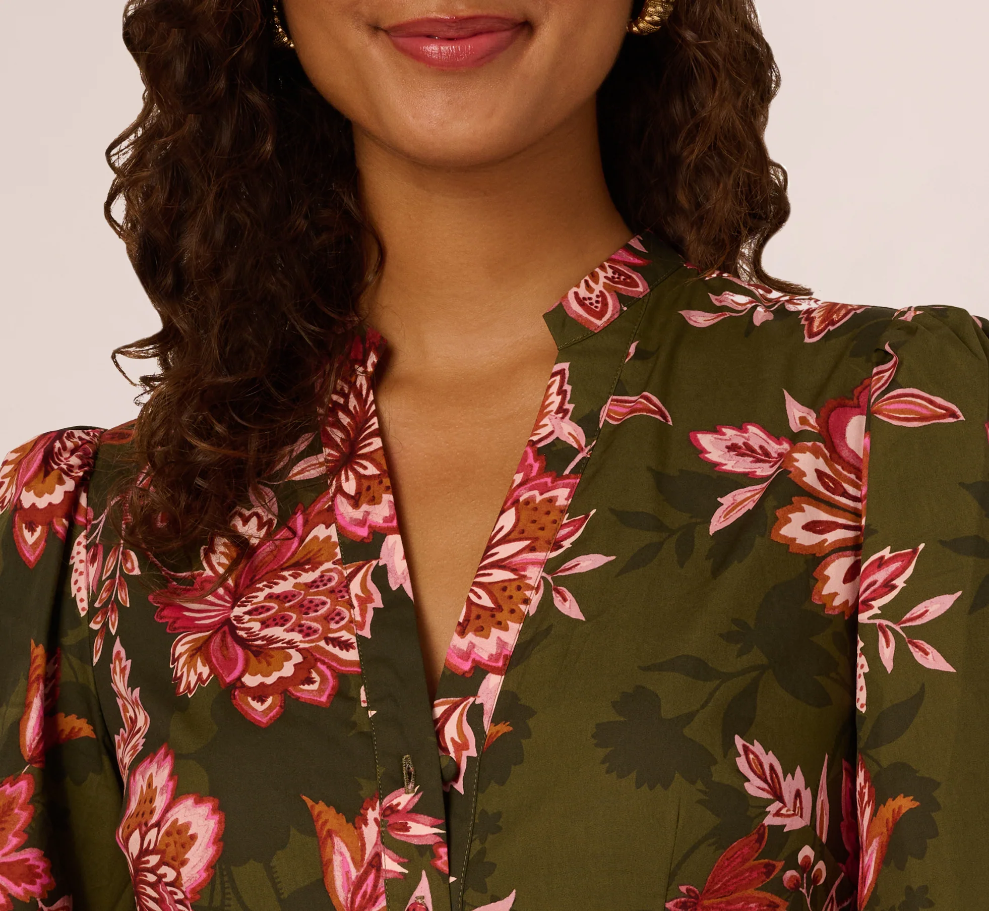 Bishop Sleeve Button Front Floral Romper In Olive Multi - Image 4