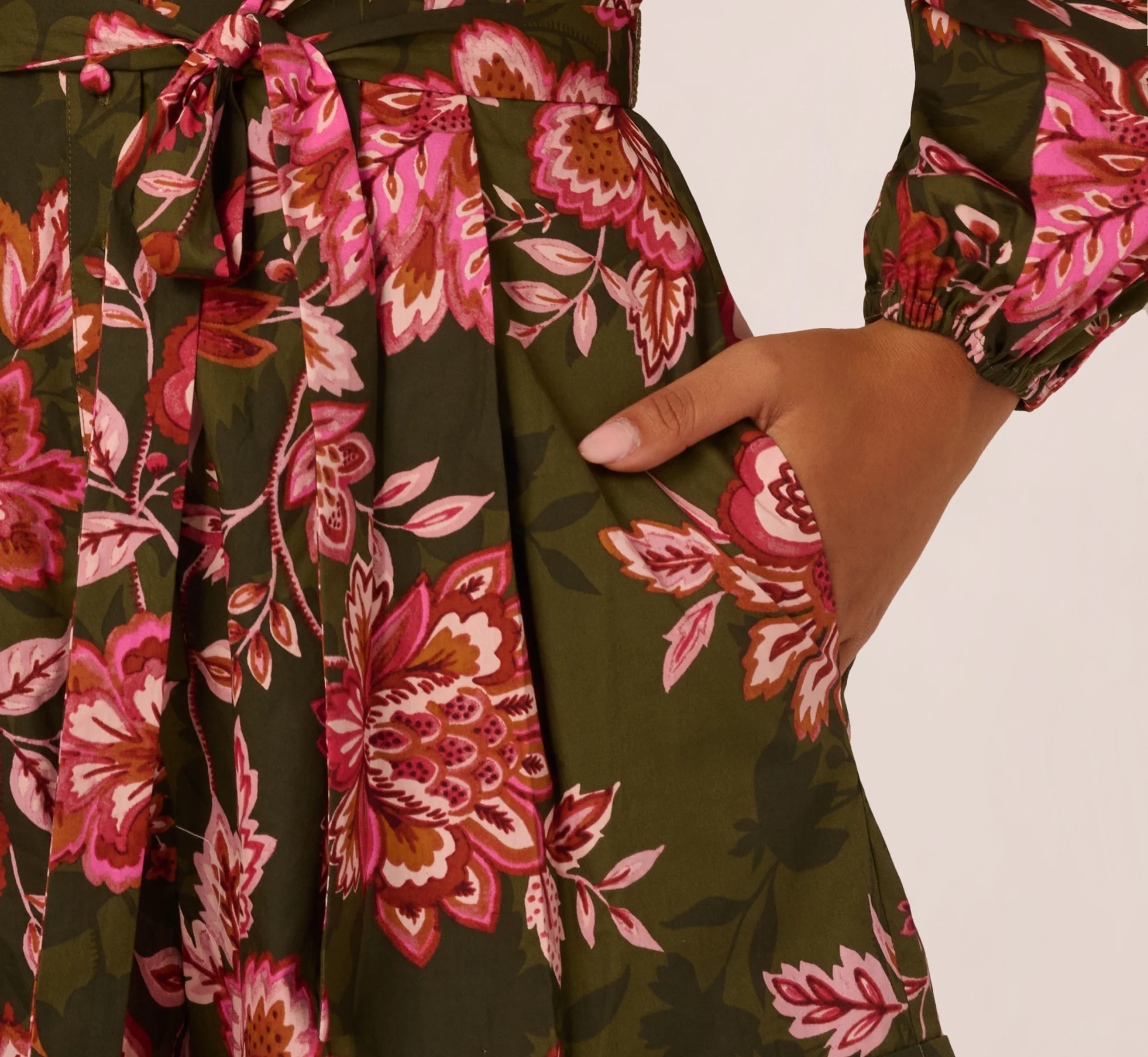 Bishop Sleeve Button Front Floral Romper In Olive Multi - Image 5