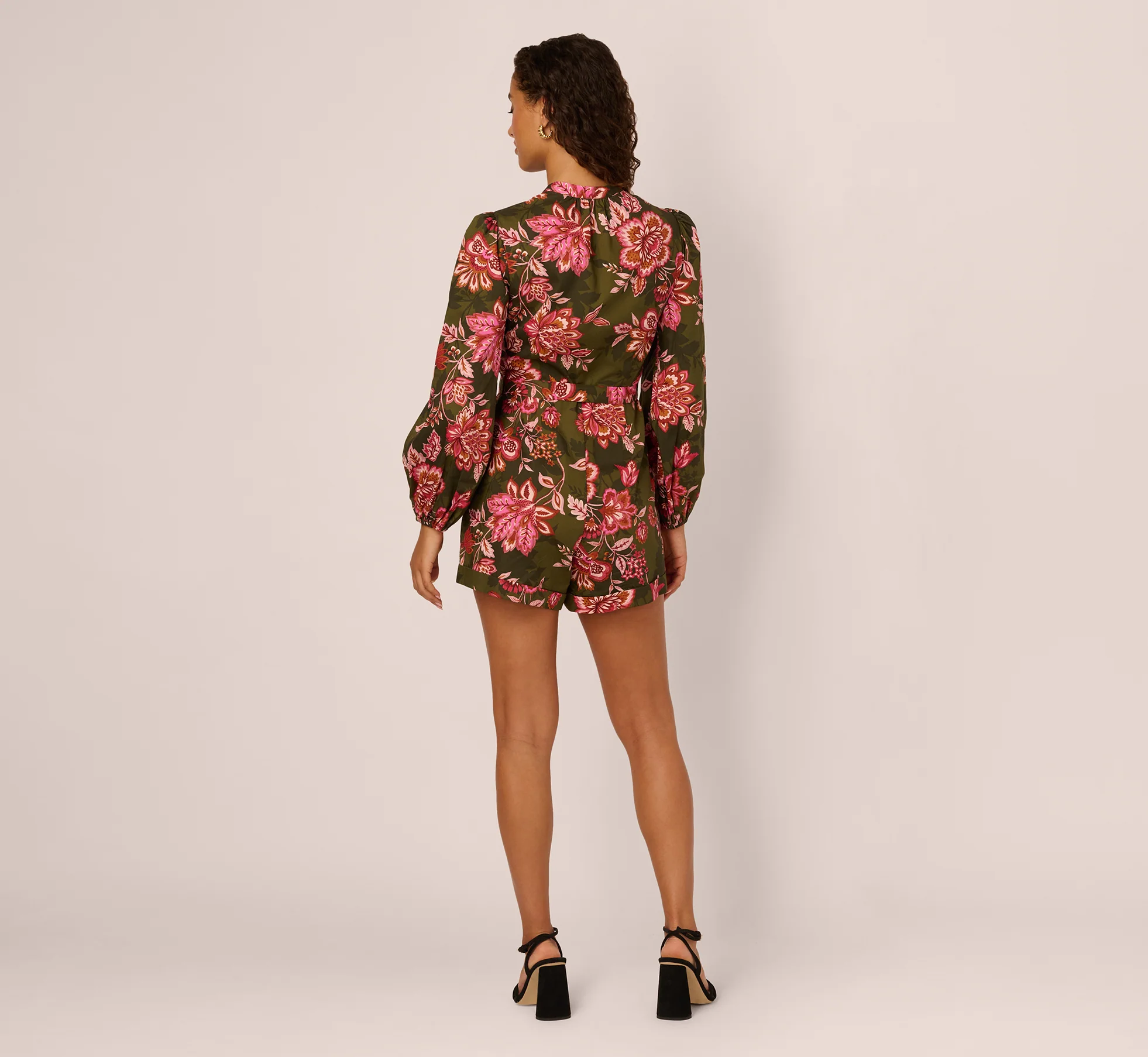 Bishop Sleeve Button Front Floral Romper In Olive Multi - Image 6
