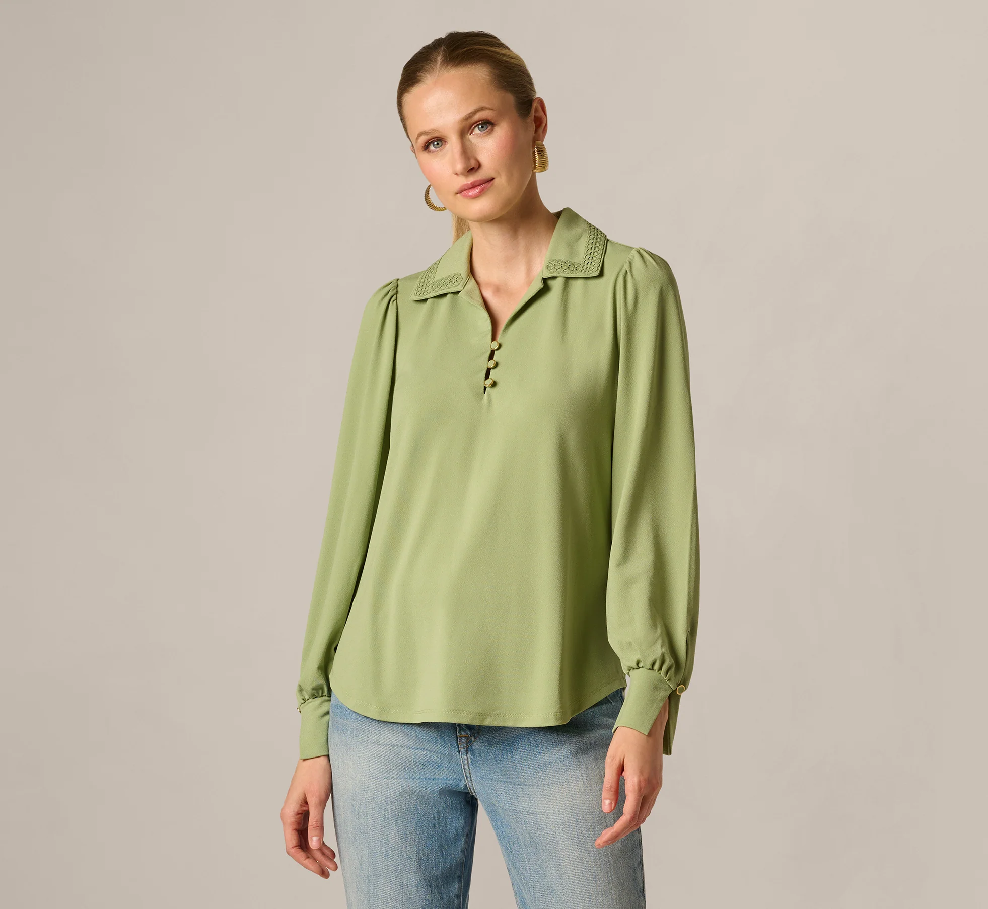 Bishop Sleeve Embroidered Blouse In Eucalyptus - Image 3
