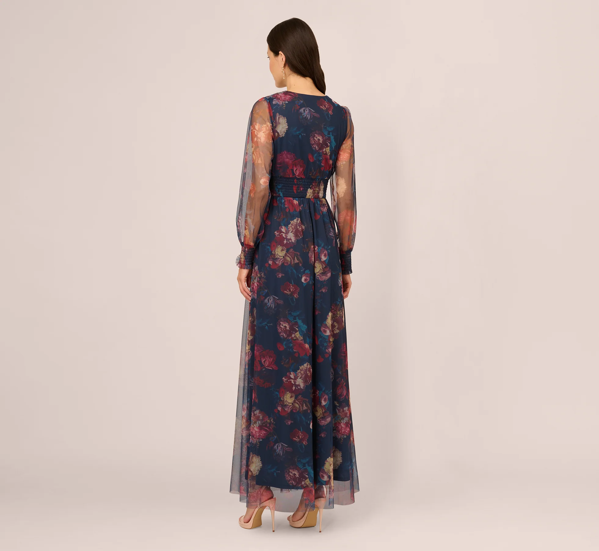Bishop Sleeve Floral Mesh Maxi Dress In Navy Multi - Image 5