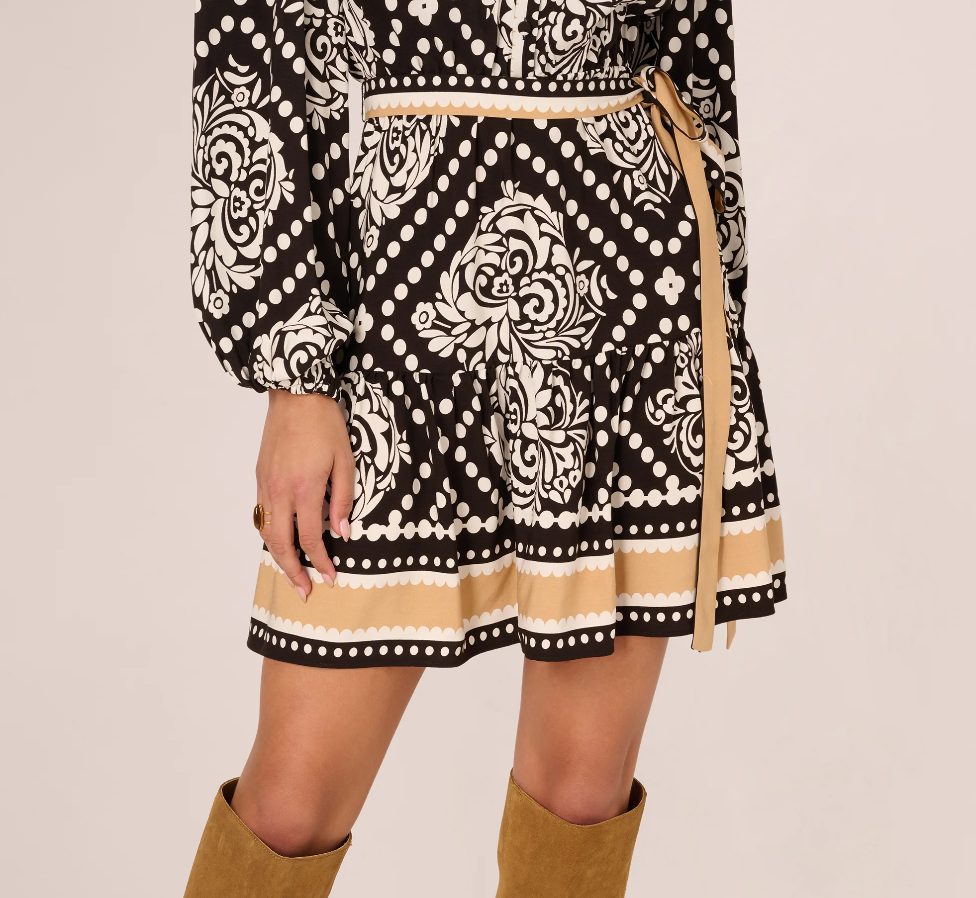 Bishop Sleeve Medallion Printed Short Dress In Black Ivory - Image 5