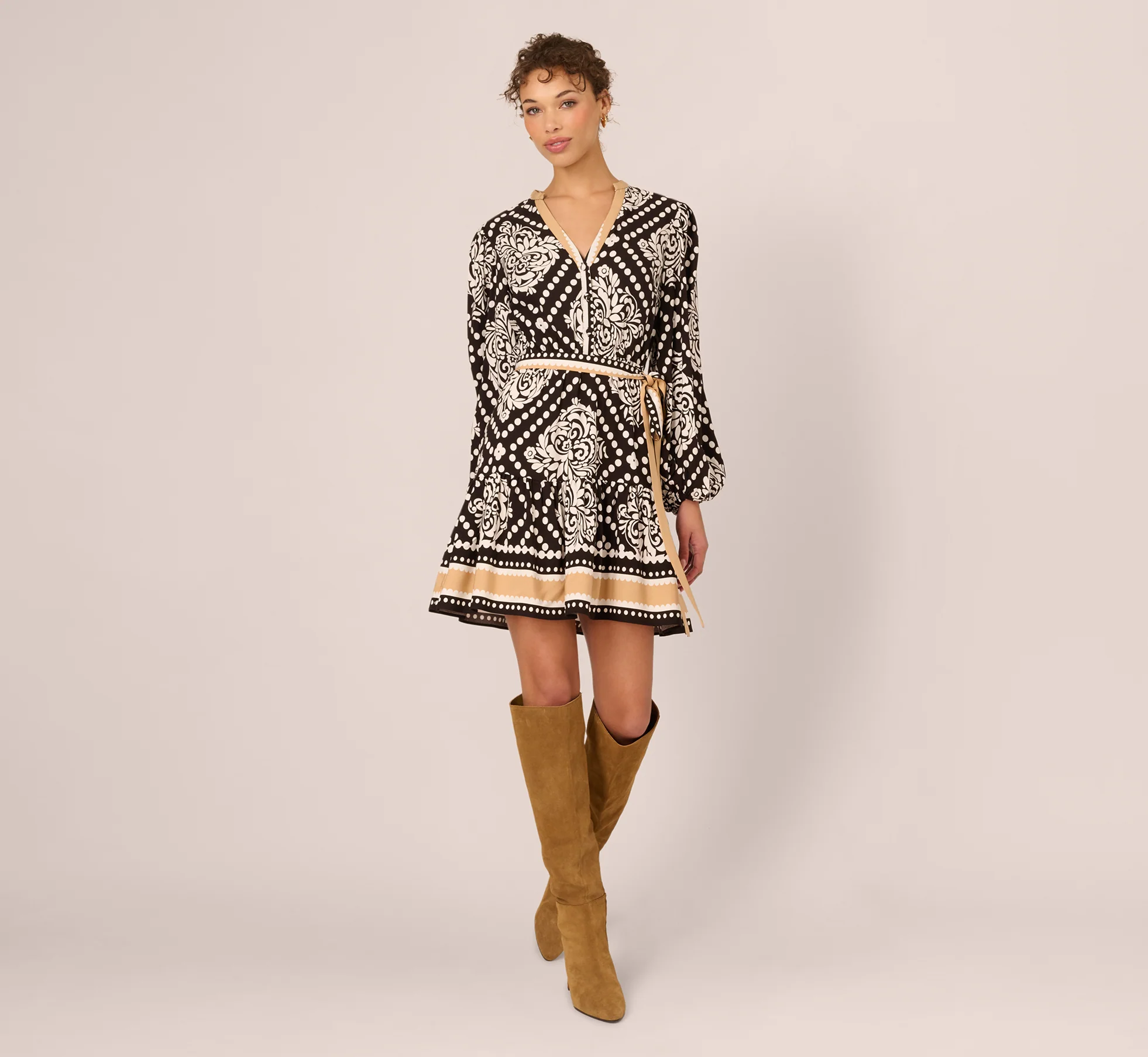 Bishop Sleeve Medallion Printed Short Dress In Black Ivory - Image 8