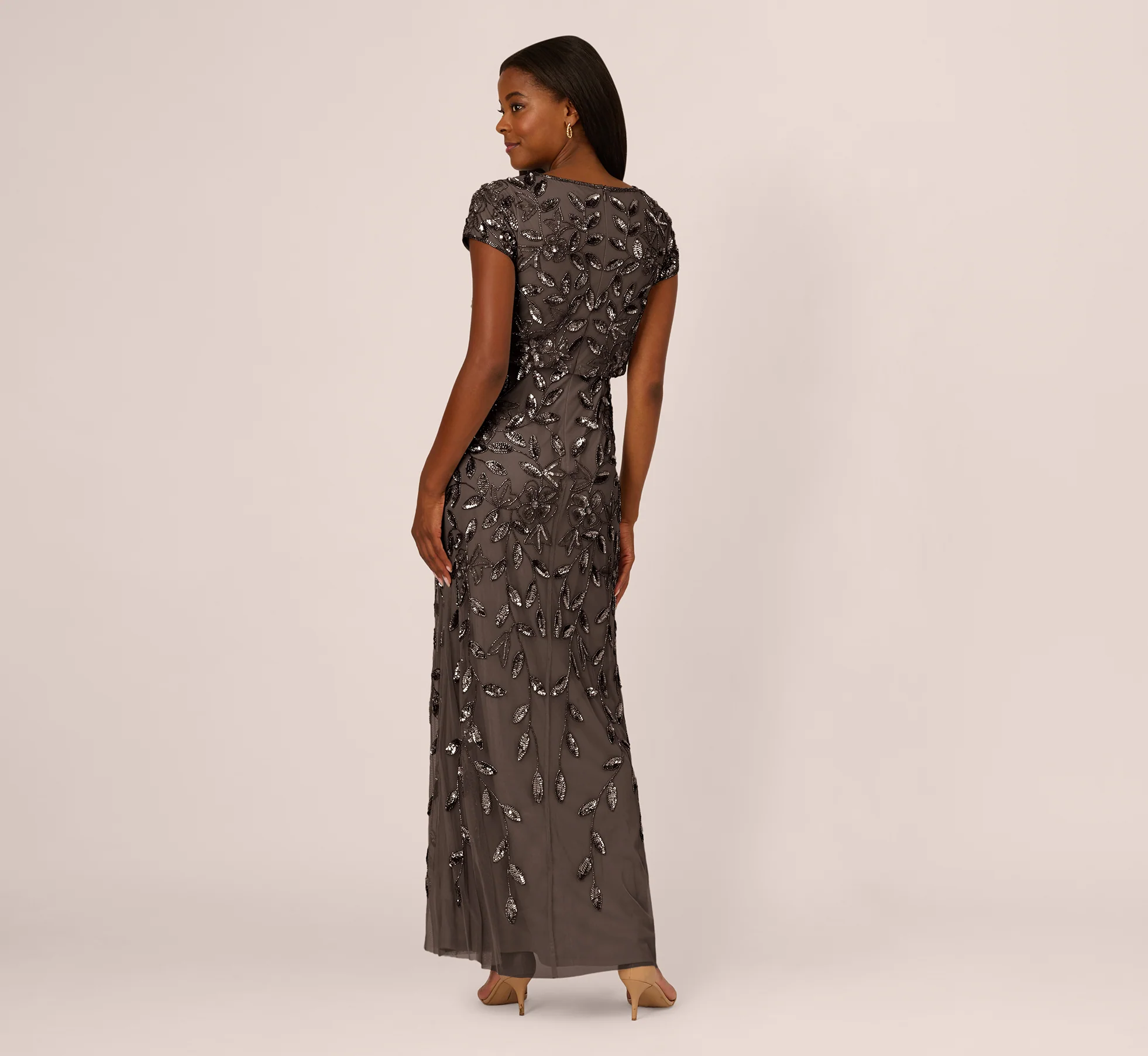 Blouson Short Sleeve Beaded Long Dress In Lead - Image 5
