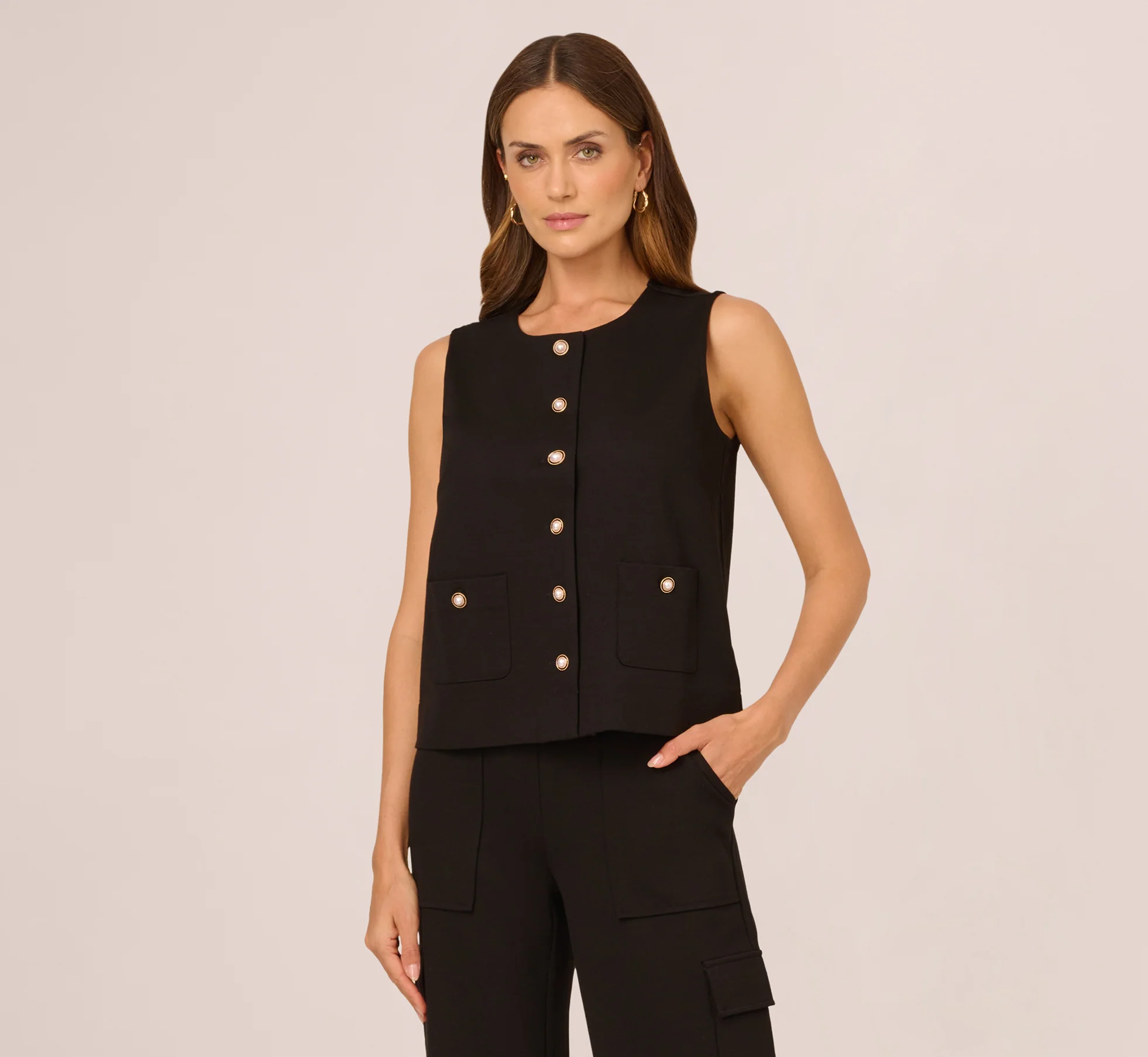 Button Front Ponte Vest Top In Black - Image 3