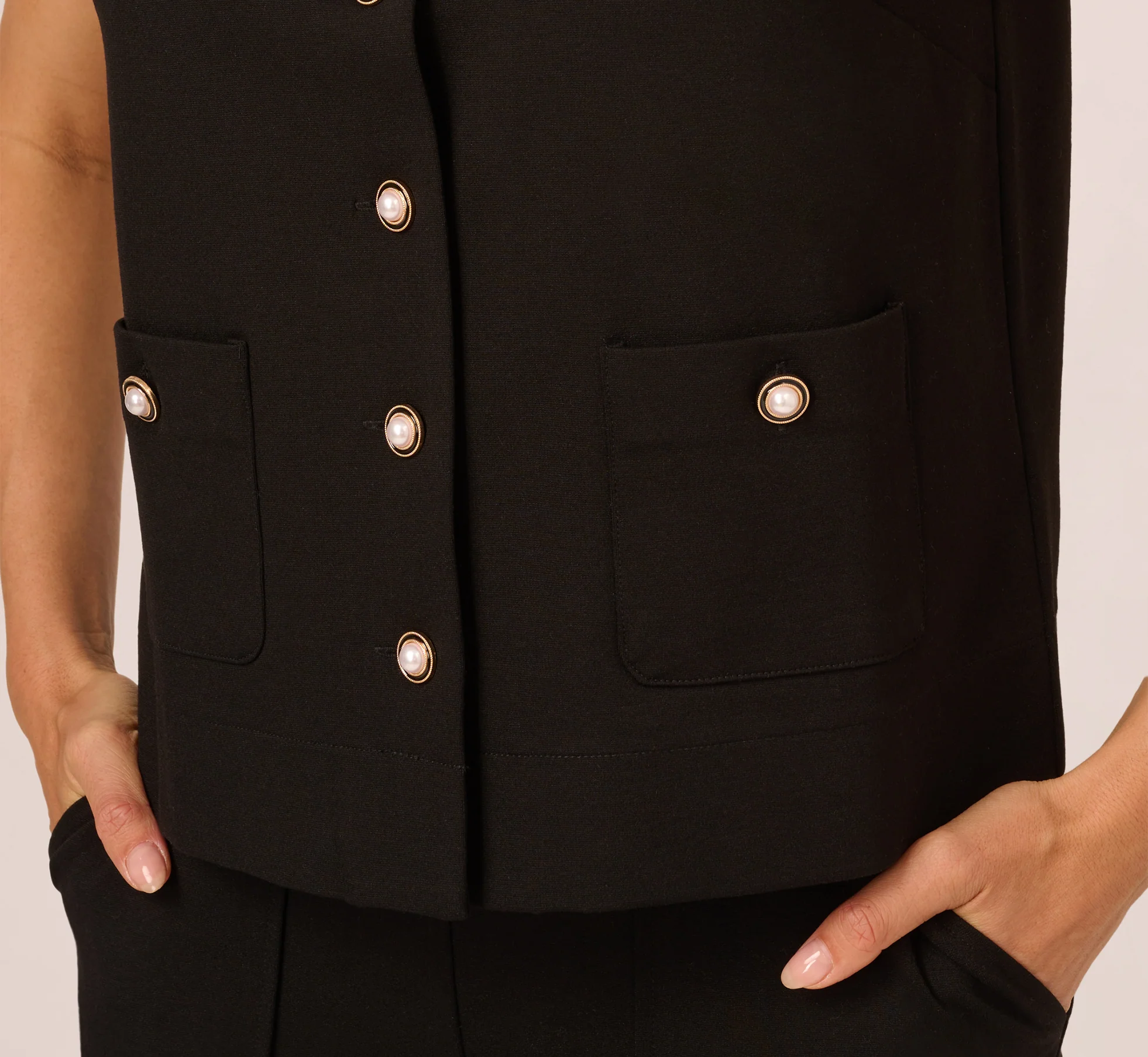 Button Front Ponte Vest Top In Black - Image 5