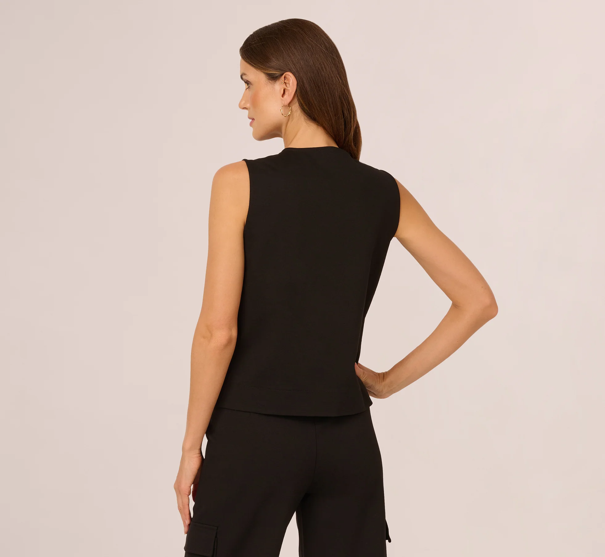 Button Front Ponte Vest Top In Black - Image 6