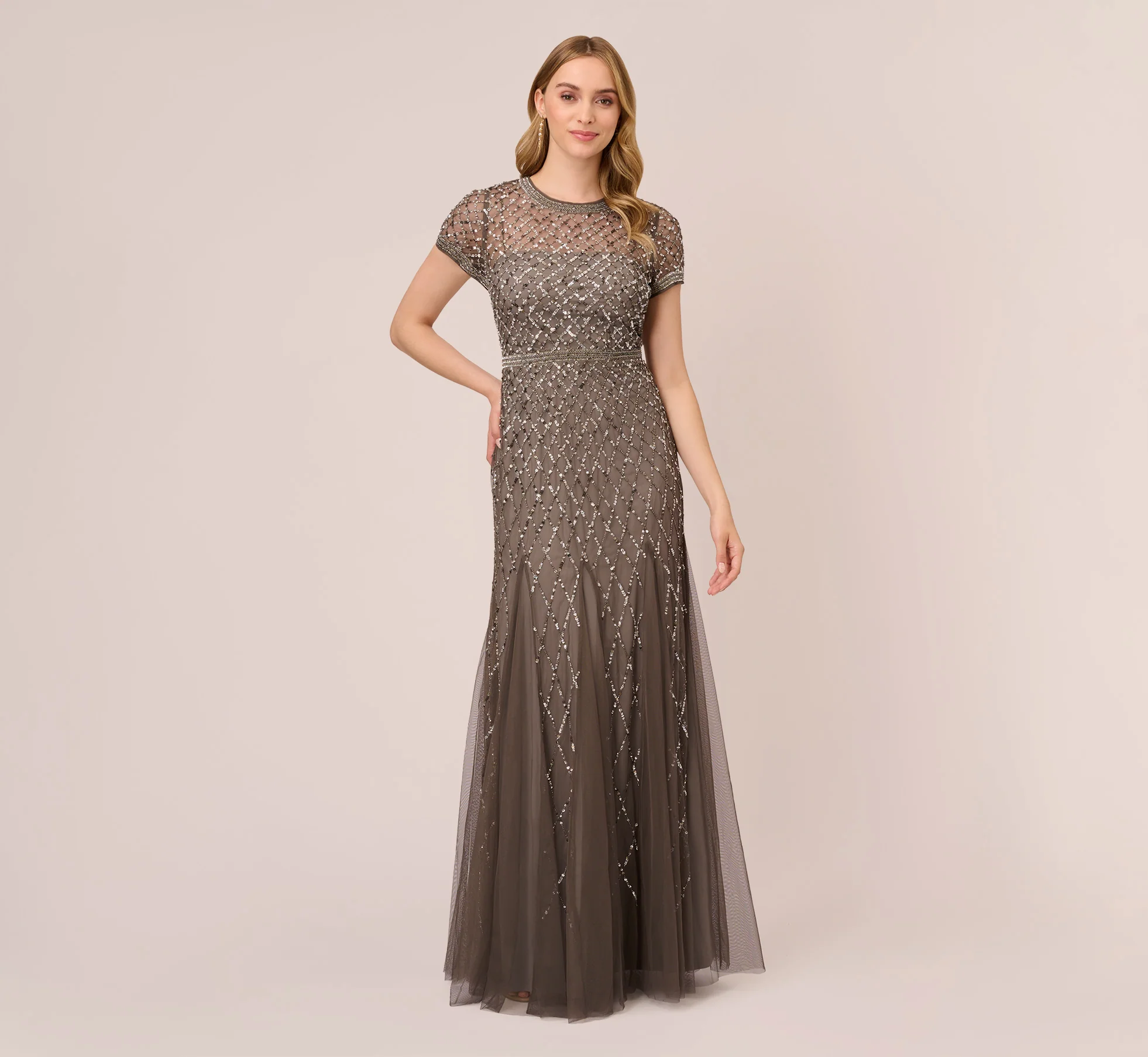 Cap Sleeve Beaded Gown In Lead - Image 2