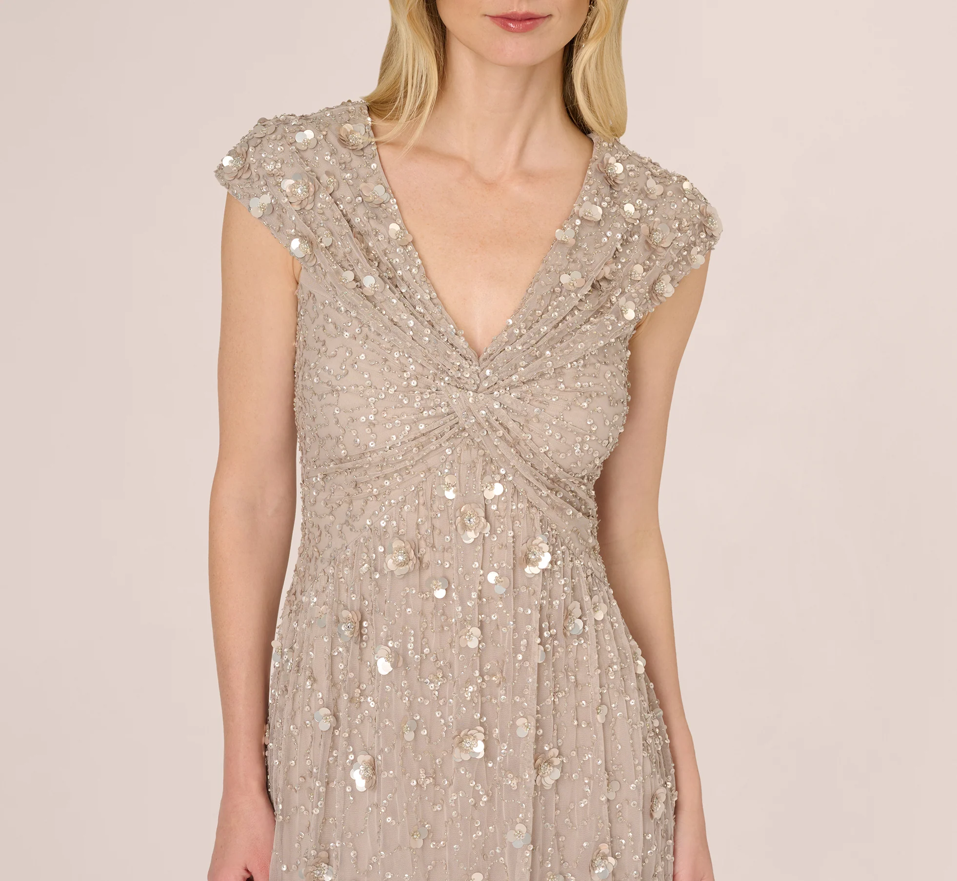 Cap Sleeve Beaded Sequin Floral Gown In Marble - Image 3