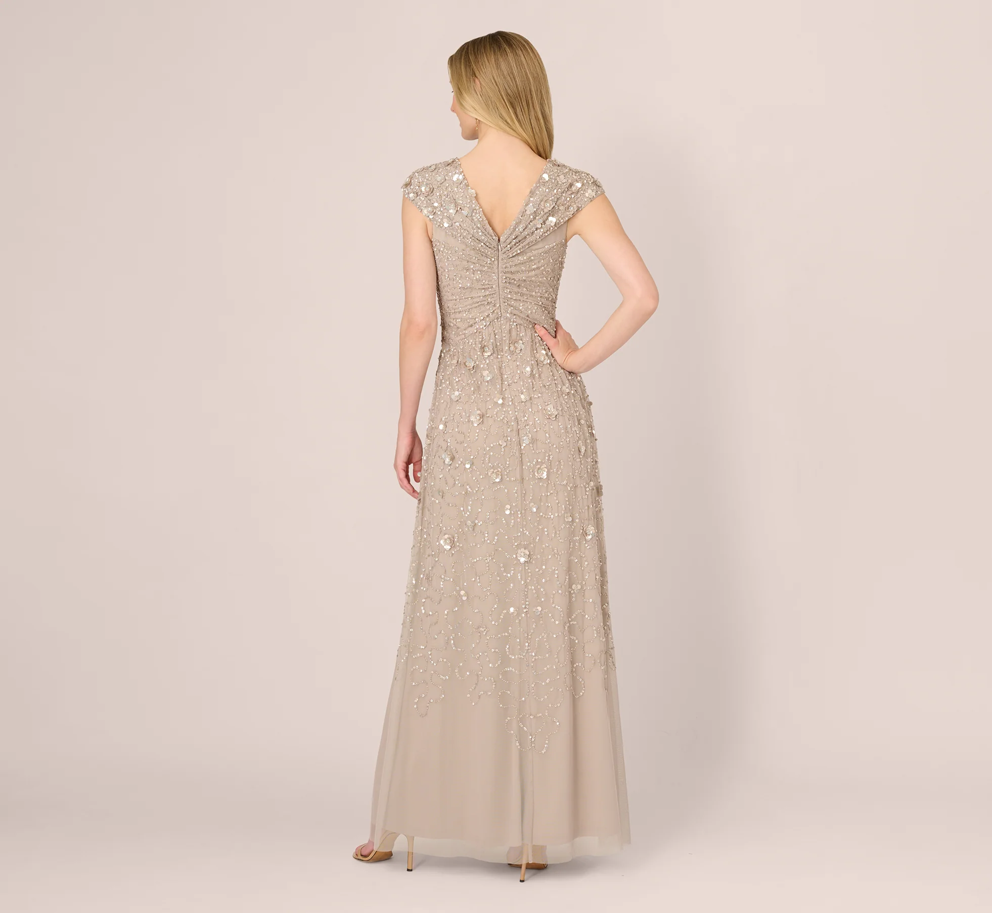 Cap Sleeve Beaded Sequin Floral Gown In Marble - Image 5