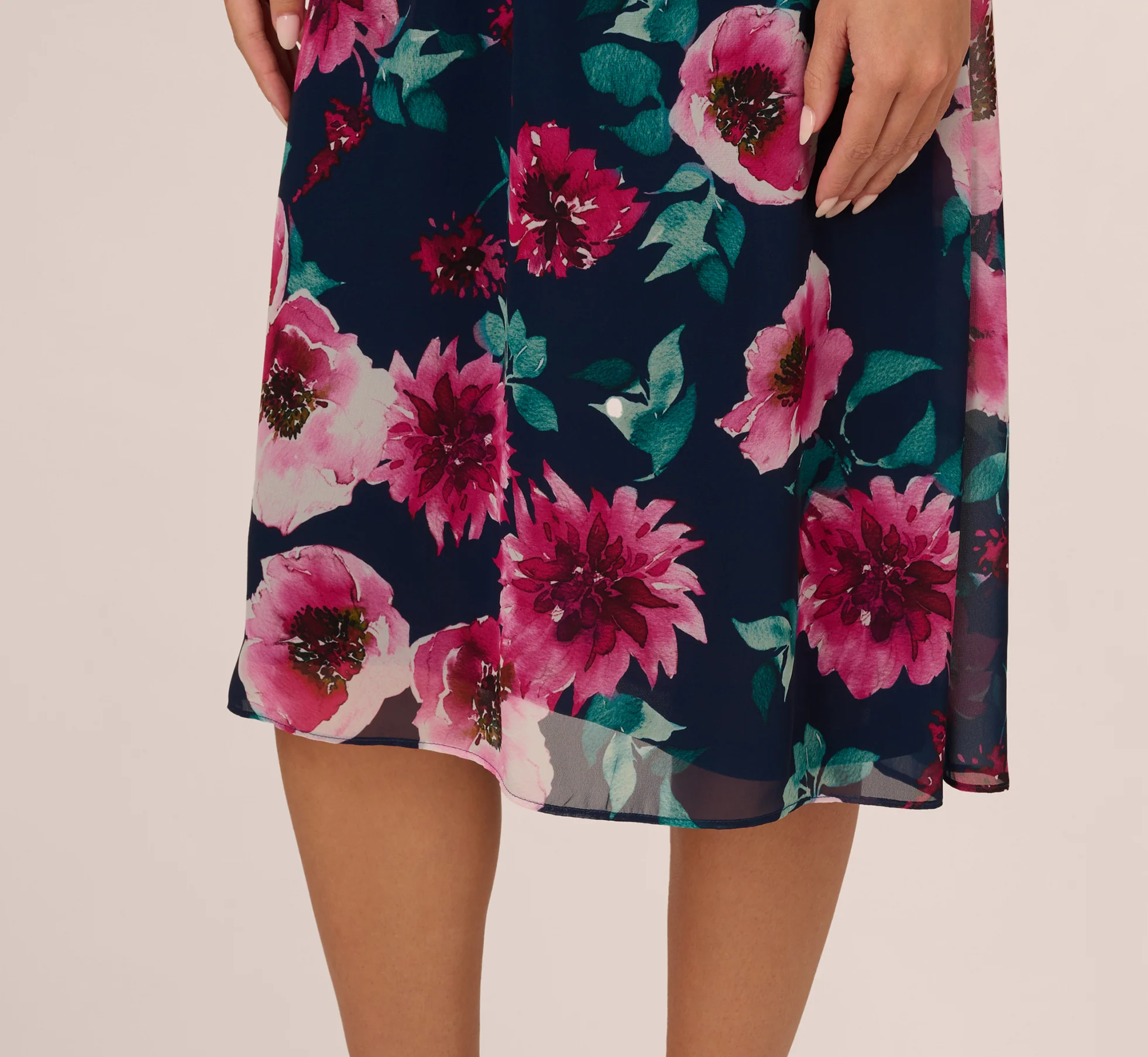Cap Sleeve Floral Chiffon A Line Midi Dress In Navy Pink Multi - Image 4