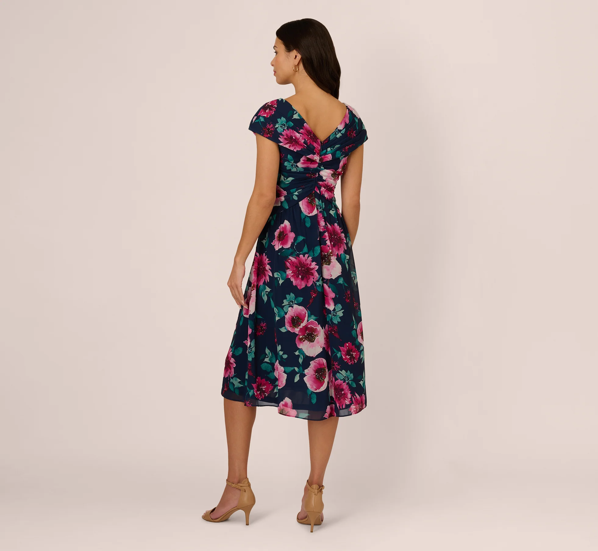 Cap Sleeve Floral Chiffon A Line Midi Dress In Navy Pink Multi - Image 6